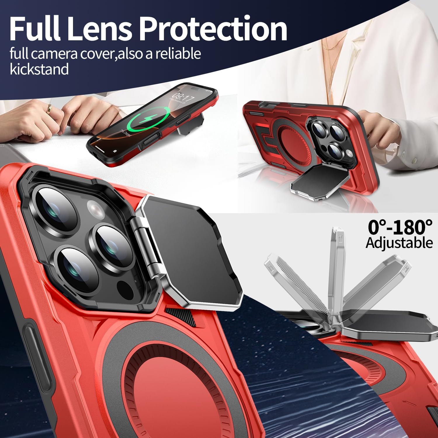 Camera Stand Case for iPhone 16 Pro Max, [Compatible with MagSafe] [Lens Cover] 2024 Version Military Grade Protective Soft Case for iPhone 16 Pro Max 6.9 inch Men Women, Red