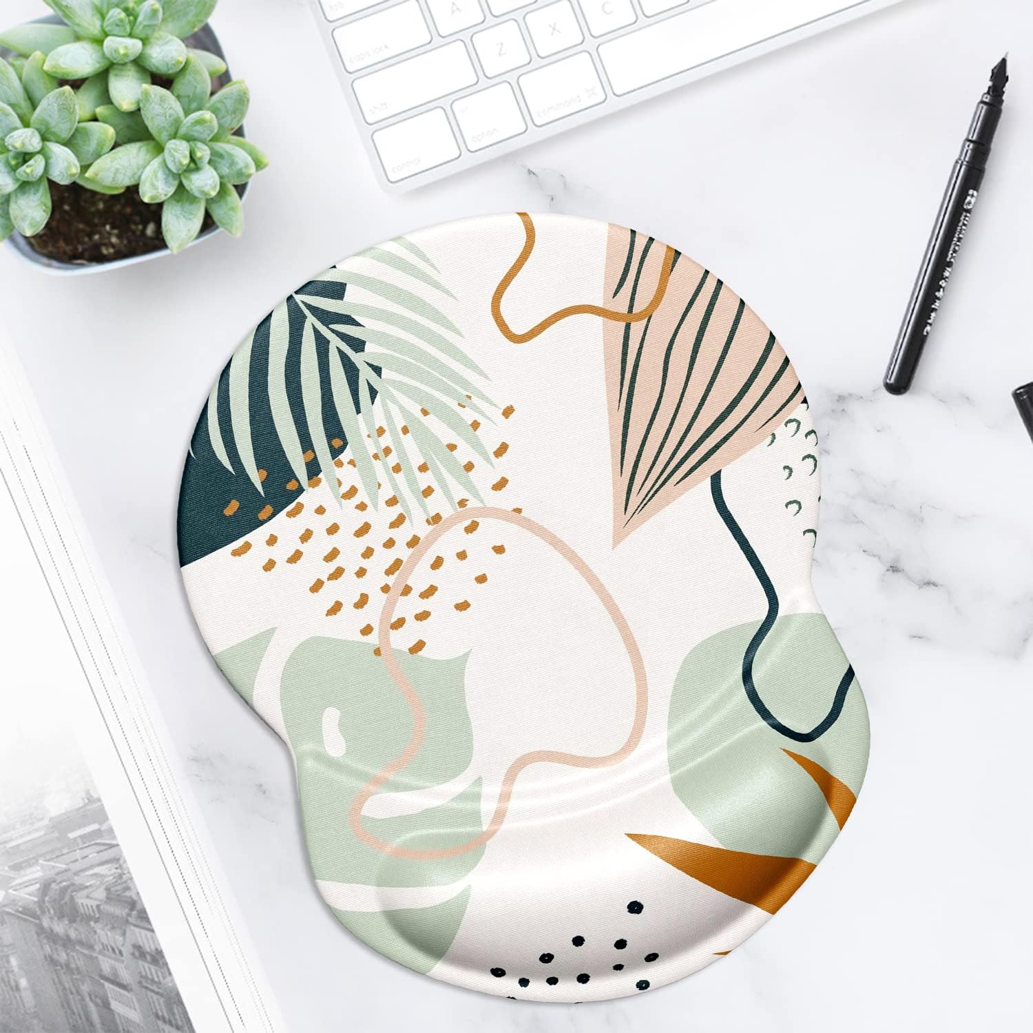 ITNRSIIET Ergonomic Mouse Pad with Gel Wrist Support Small Wrist Rest Smooth Surface Non-Slip PU Base Comfortable Office Supplies Pain Relief, 8.7 x 7.2 inches, Tropical Plants