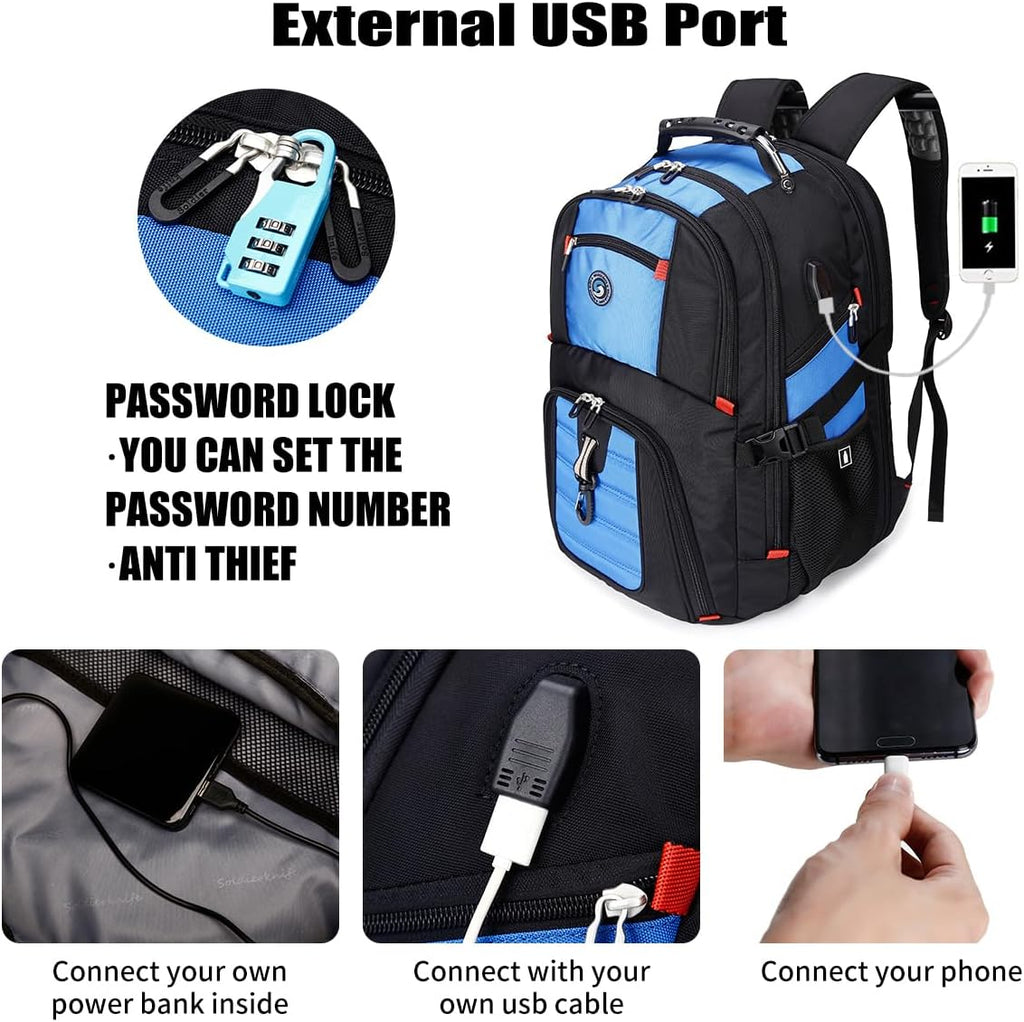 SHRRADOO Extra Large 50L Travel Laptop Backpack with USB Charging Port, College High School Backpack Airline Approved Business Work Bag Fits 17 Inch Computer for Men Women