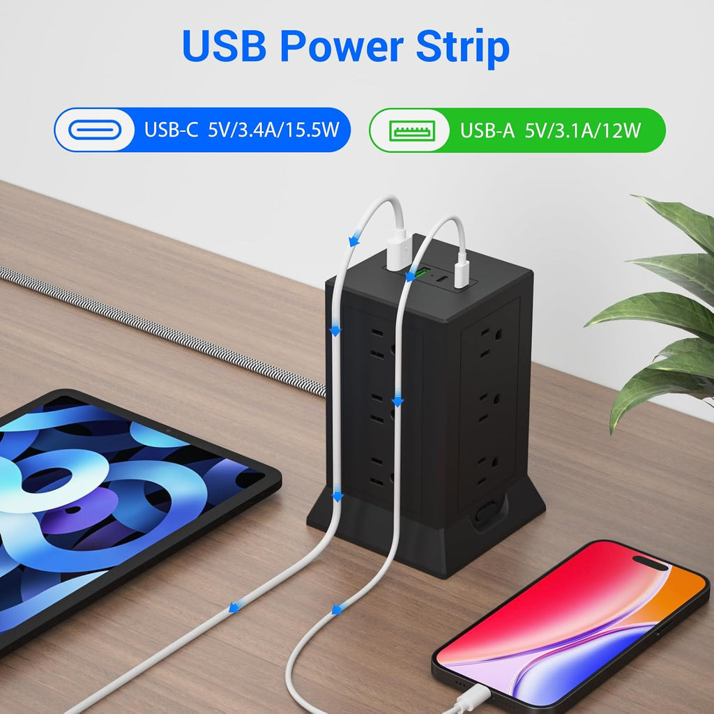 Power Strip Tower with Multiple Outlets, 10 Ft Extension Cord Flat Plug with 12 AC Outlets 4 USB Ports (2 USB C), Power Tower Surge Protector with Individual Switches for Home Office Dorm Room, Black