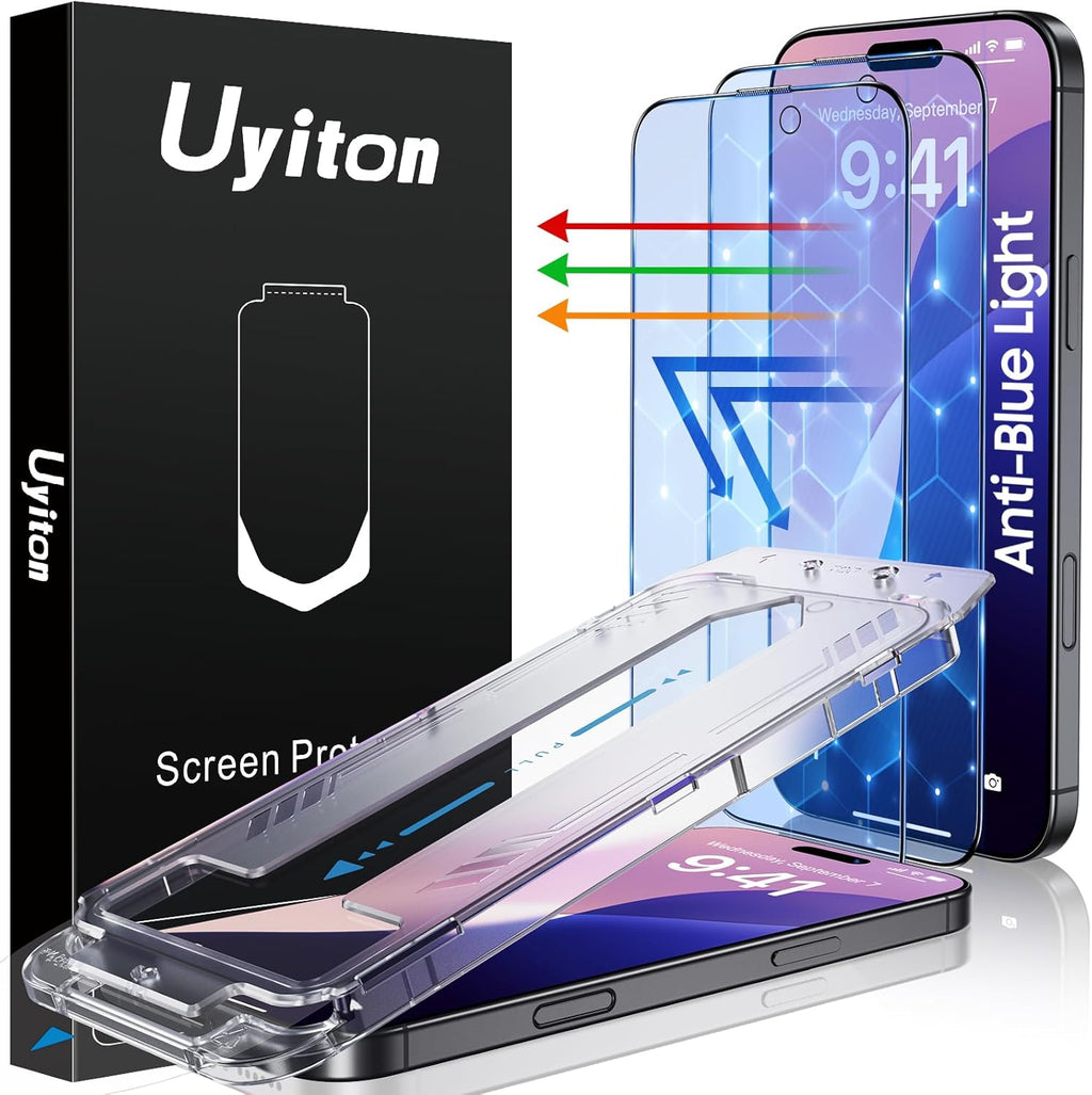 Uyiton Compatible with iPhone 16 Screen Protector (Anti-Blue Light) - [Easy to Install] Shatterproof Full Coverage [Case Friendly] 9H Tempered Glass Screen Protector for iPhone 16, 2 Pack