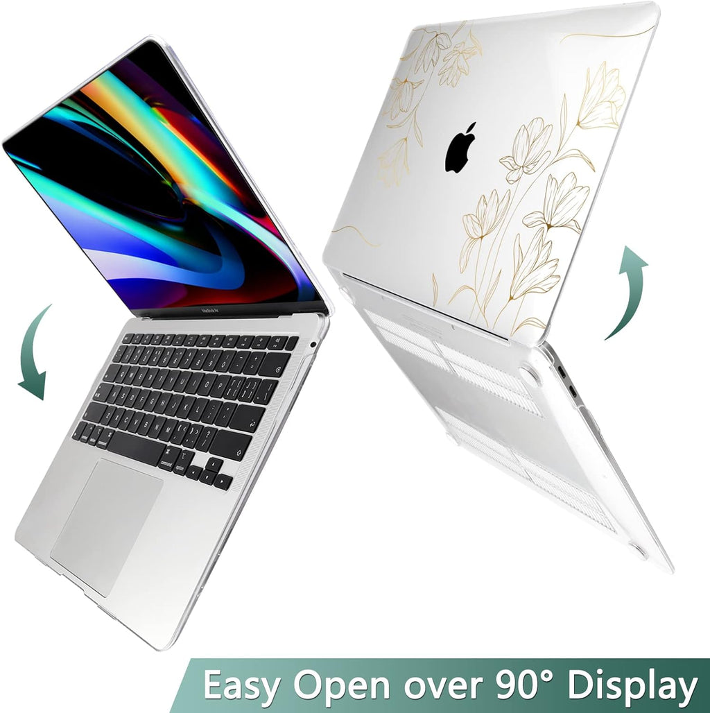 TWOLSKOO Compatible with MacBook Pro 13 inch Case 2022 2021 2020-2016 A2338 M2/M1 A2251 A2289 A2159 A1989 A1706, Plastic Hard Shell Cover & Keyboard Skin & Screen Protector, Gold Florals