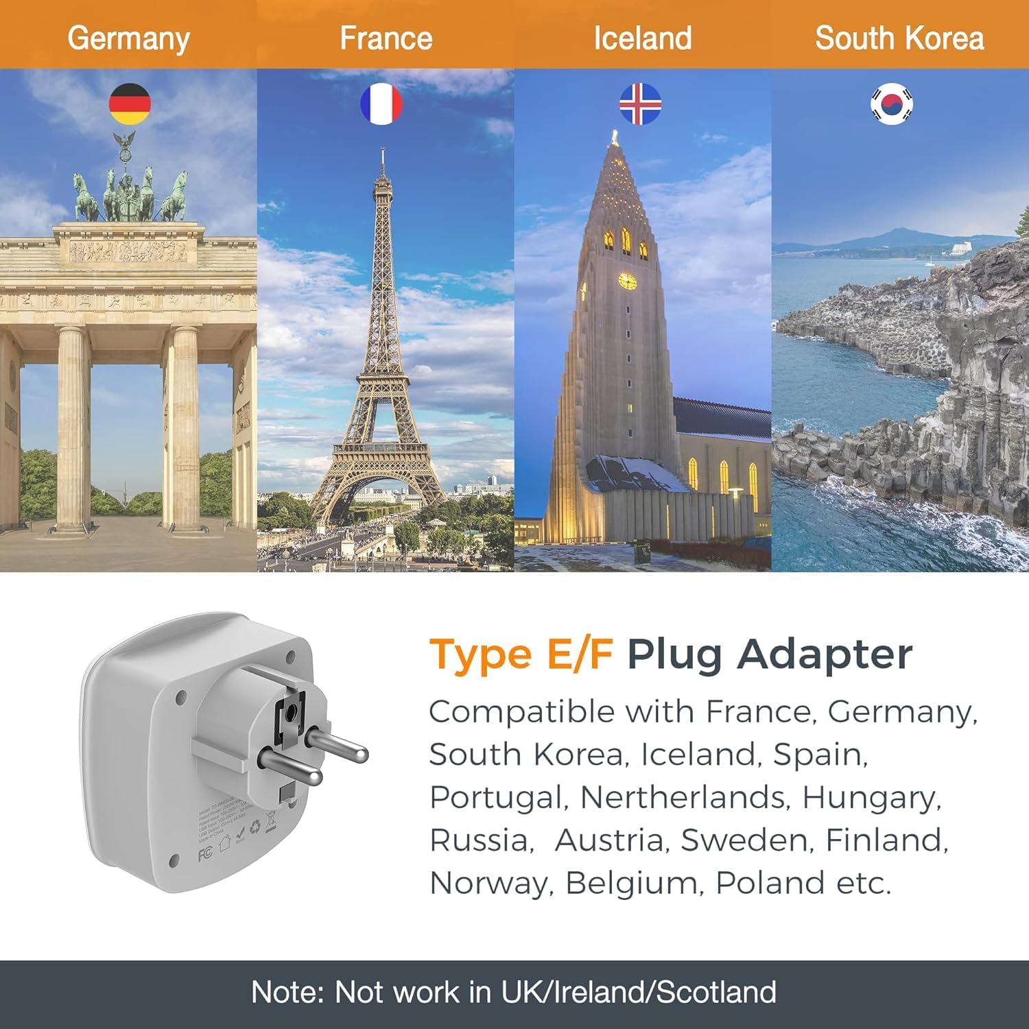 TESSAN Germany France Power Adapter, Schuko Type E/F Plug Adaptor with 2 USB Ports 2 AC Outlets, US to Europe German Frence Spain Iceland Russia Greece Korea Electrical Charger(2 Pack)