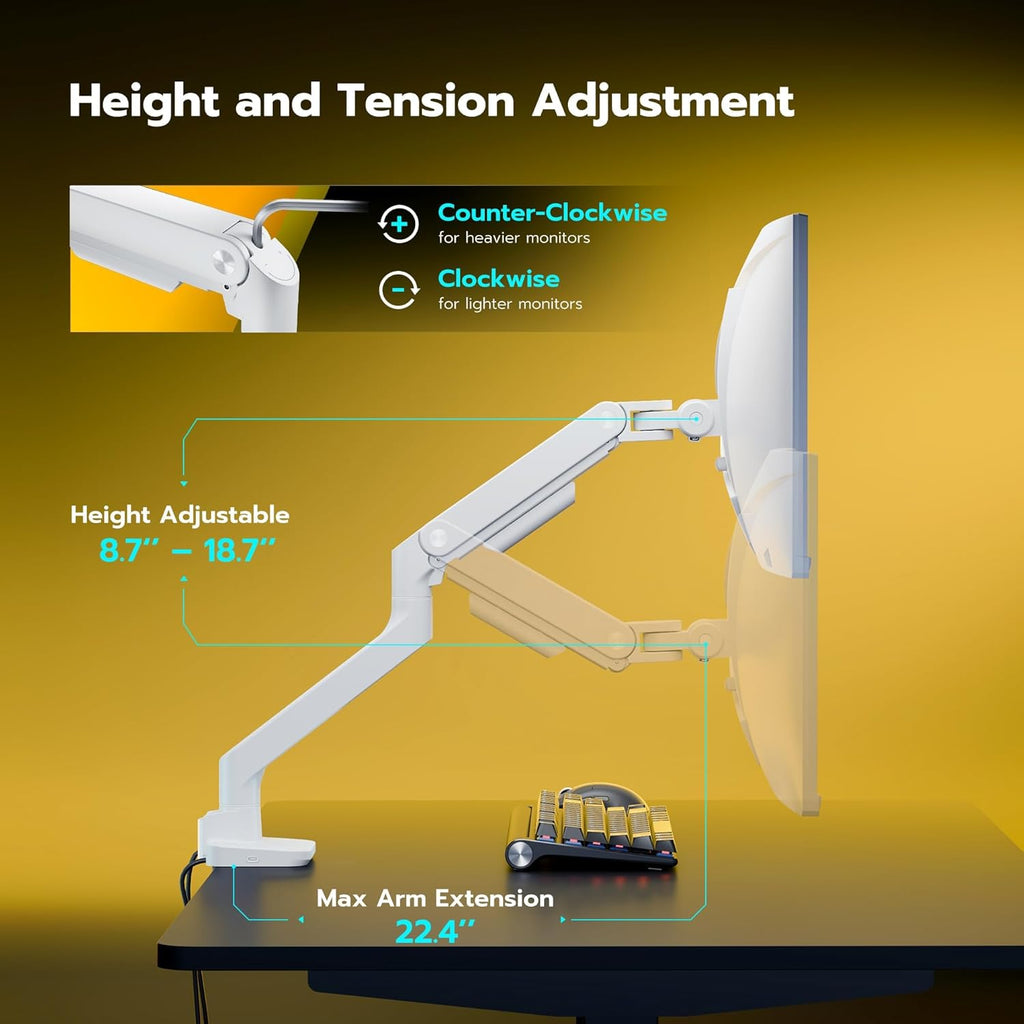 ARES WING Single Monitor Mount with USB A/C, Heavy Duty Monitor Arm for 17 to 49 inch Ultrawide Screen, Holds 44 lbs, Adjustable Gas Spring Arm Desk Mount with Clamp and Grommet Base, White