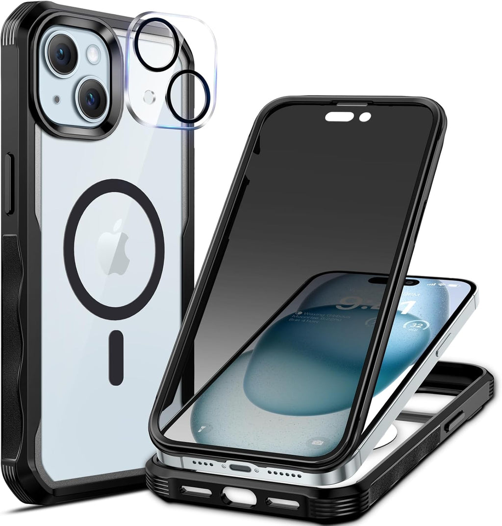 seacosmo for iPhone 15 Case, Full Body Bumper with Built-in 9H Tempered Glass Privacy Screen Protector and Camera Lens Protector, Compatible with MagSafe, Shockproof Phone Cover, 6.1", Black