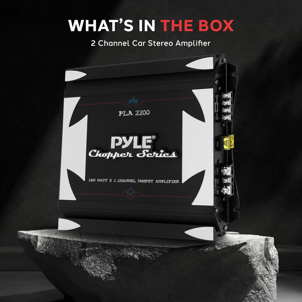 Pyle 2 Channel Car Stereo Amplifier- 1400W Dual Channel Bridgeable High Power MOSFET Audio Sound Auto Small Speaker Amp w/ Crossover, Bass Boost Control, Gold Plated RCA Input Output, Black - PLA2200
