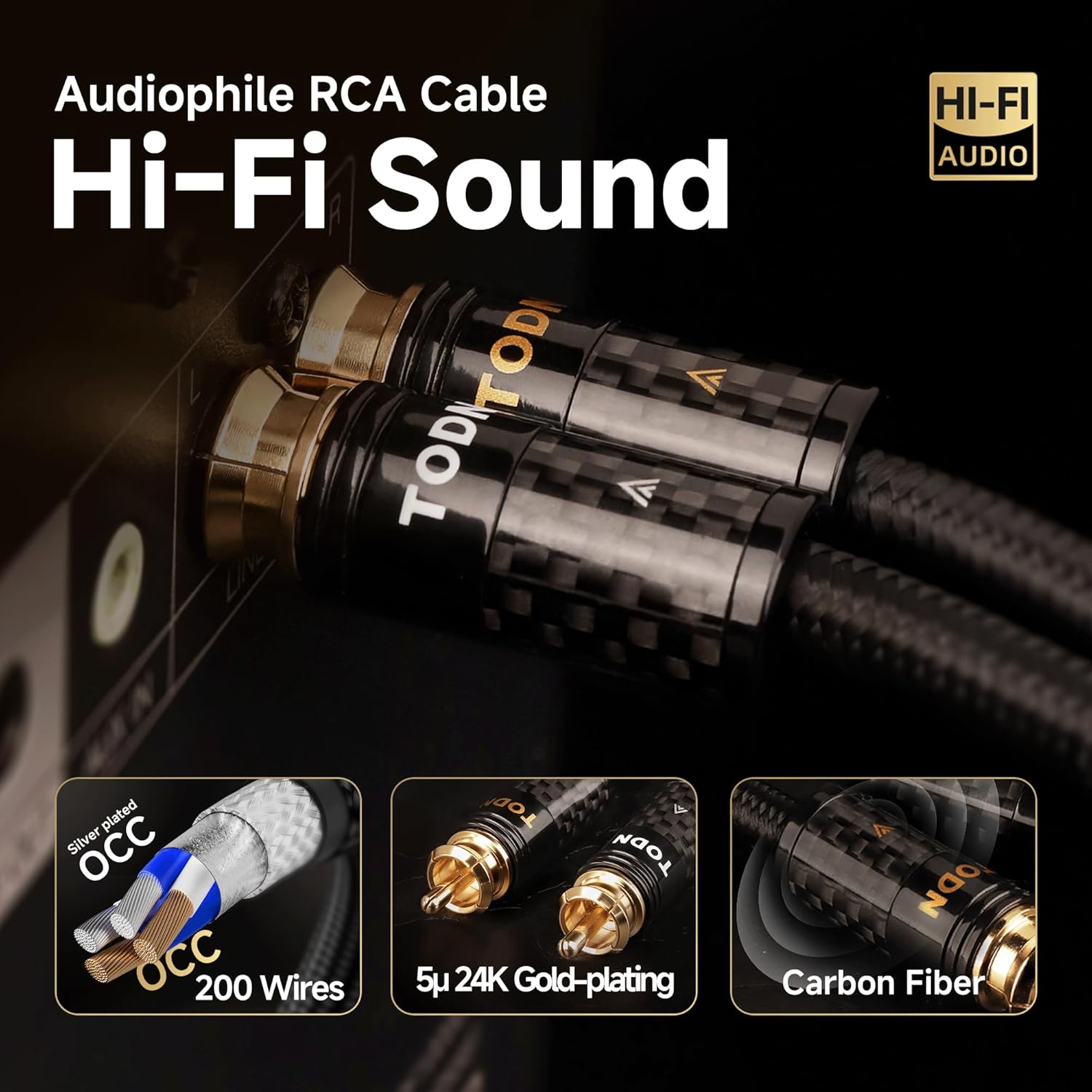 TODN HiFi RCA Cables Audiophile 2 RCA Male to Male Shielded Audio Cable for Home Stereo Systems, Premium Sliver-Plated O-C-C Core (6.5ft/2m, 1 Pair)