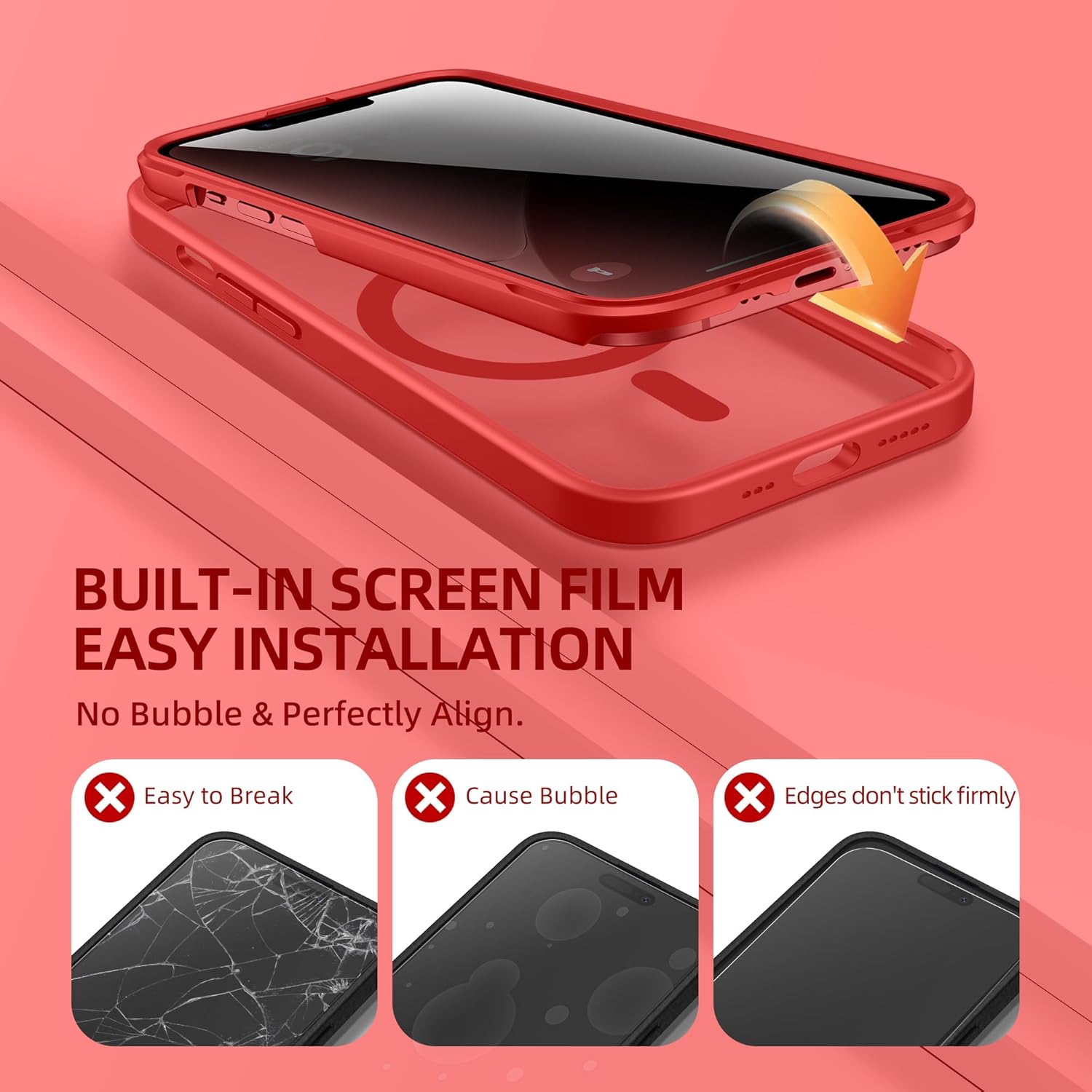 BERFY Magnetic for iPhone 14 Case, Compatible with MagSafe, Built-in Privacy Screen Protector and Upgraded Camera Protection, Anti-Spy Full Body Shockproof Phone Case for 14 6.1", Red