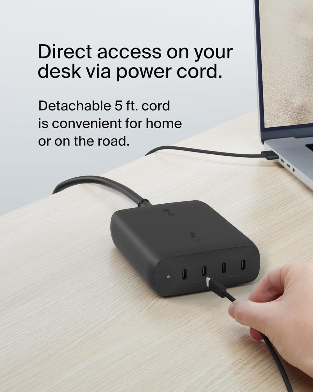 Belkin 4-Port USB C Charger Block, 200W GaN Multi-Port Charger USB-C PD 3.1 Fast Charge + 5ft Power Cord - MacBook, iPhone 16, iPad, Galaxy S25, Google Pixel, Nintendo Switch 2 - Black