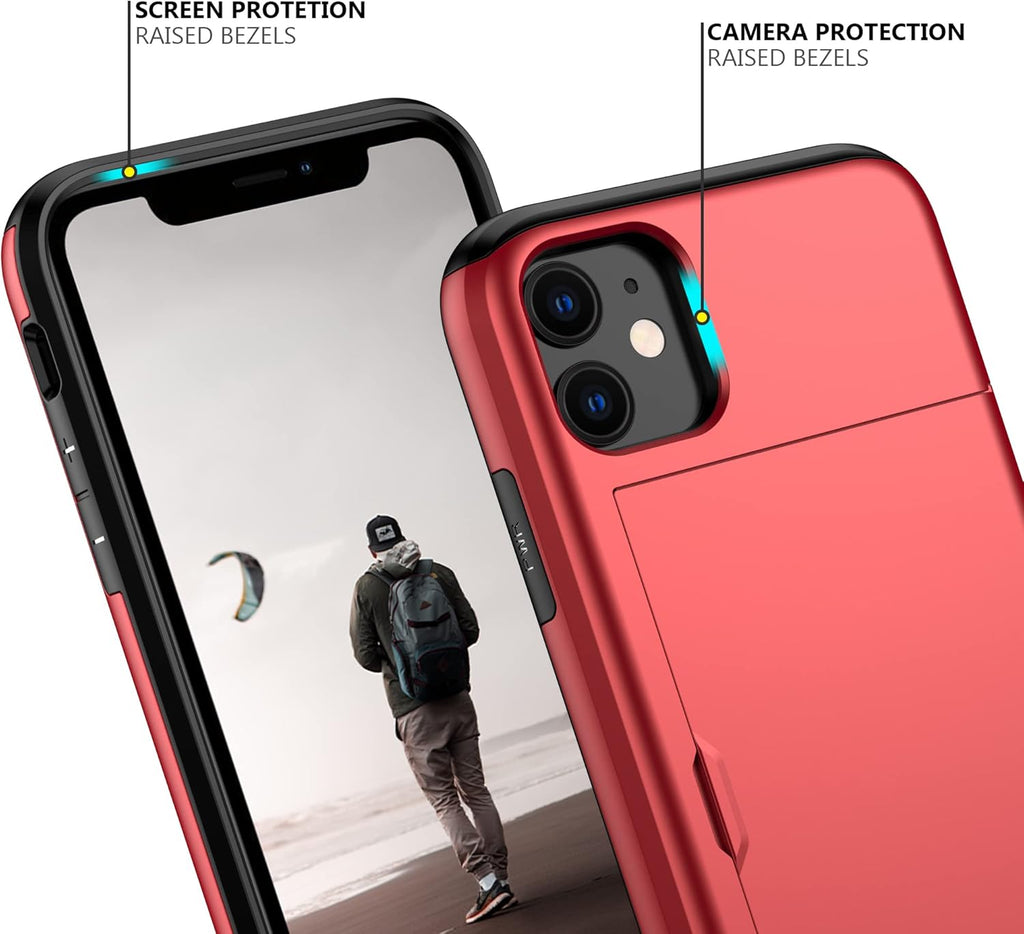 Nvollnoe for iPhone 11 Case with Card Holder Heavy Duty Protective Dual Layer Shockproof Hidden Card Slot Slim Wallet Case for iPhone 11 for Men&Women(Red)