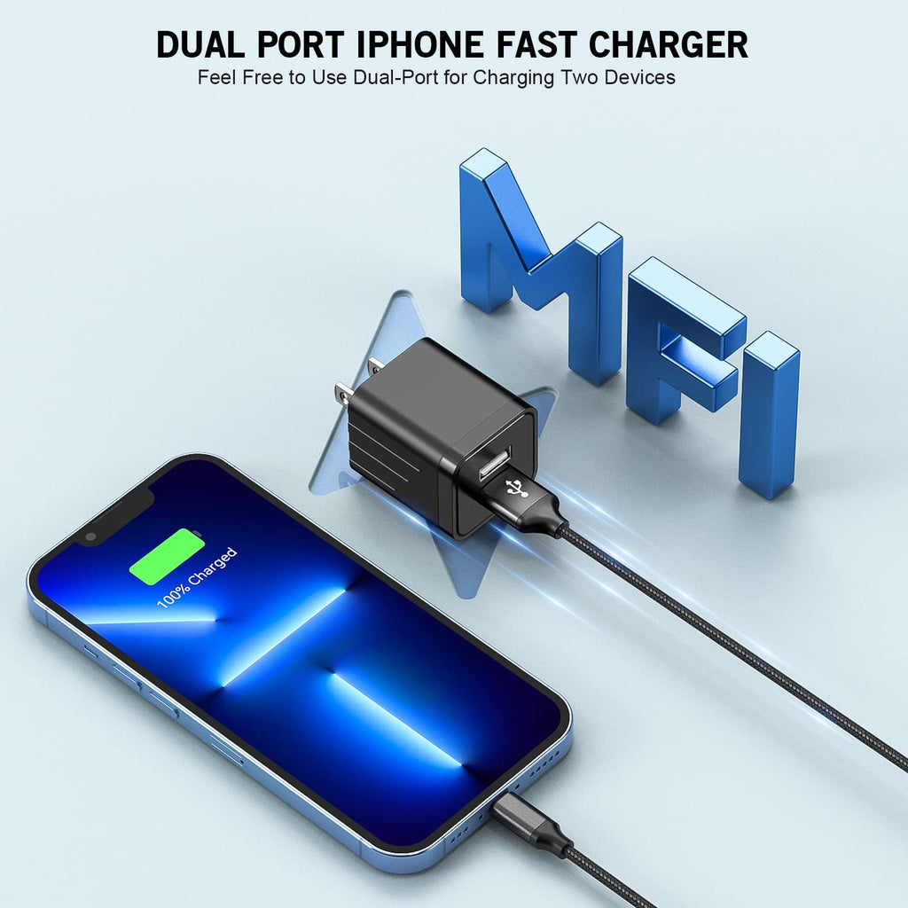 iPhone Fast Charger,2Pack 10FT iPhone Charge 2.1A Dual Port USB Wall Charger Block Plug Adapter with Long Fast Charging Lightning Braided Cable Cord for iPhone 14 13 12 11 Pro Max XS XR 8 7 Plus iPad