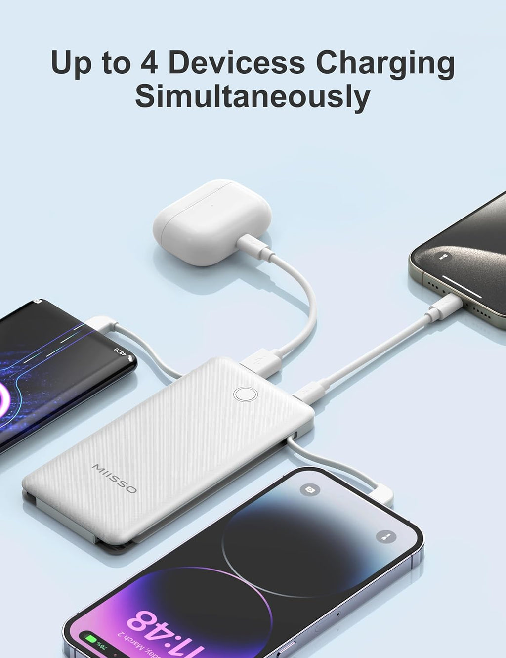 miisso 10000mAh Slim Portable Charger with Built in Cable, Power Bank Travel Charger External Battery Pack for Phone, 4 Output USB Type C Cord Clutch Charger Compatible with iPhone, White