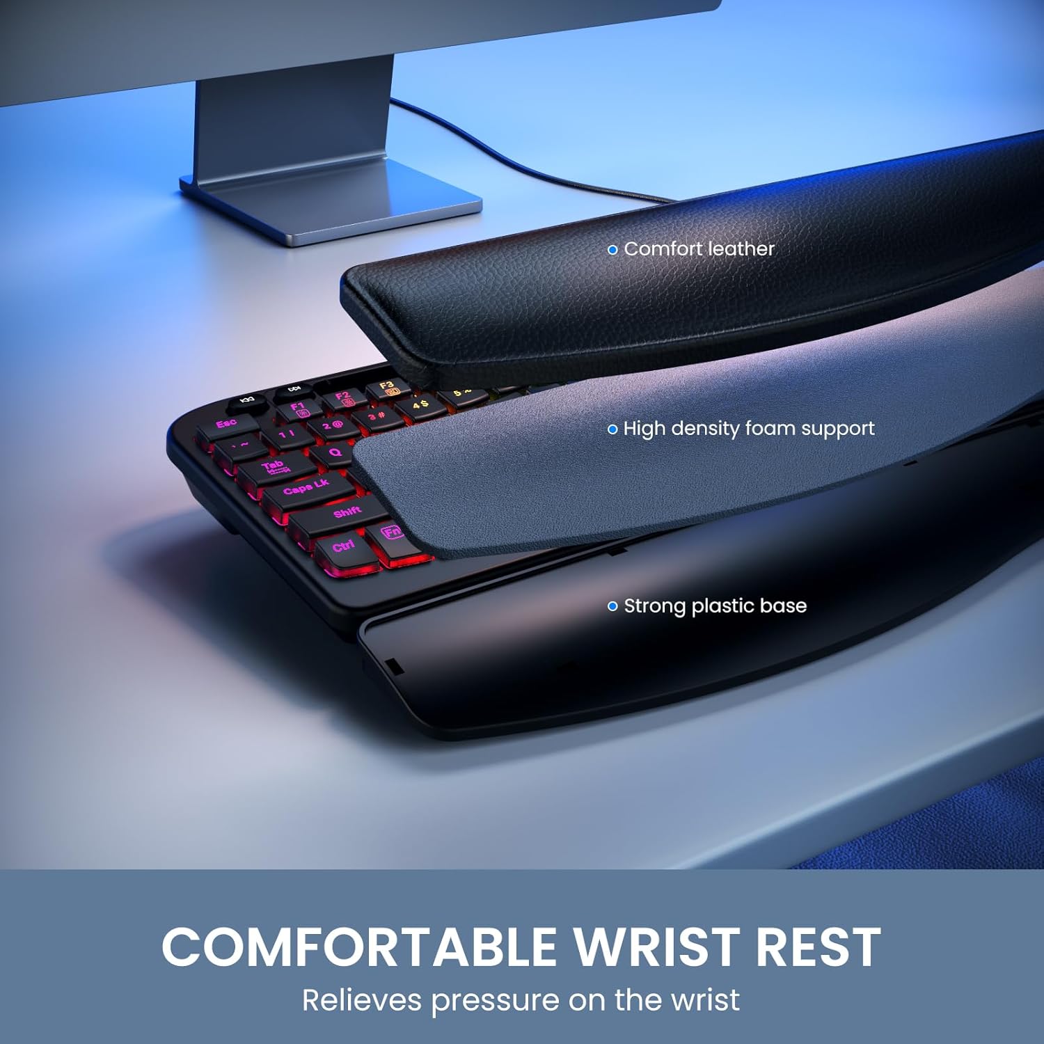 Ergonomic Backlit Keyboard with Wrist Rest, 7 Colors USB Wired Computer Keyboard, Wave Keys, with Phone/Tablet Holder, Comfortable Lighted Keyboard for PC, Windows and Mac