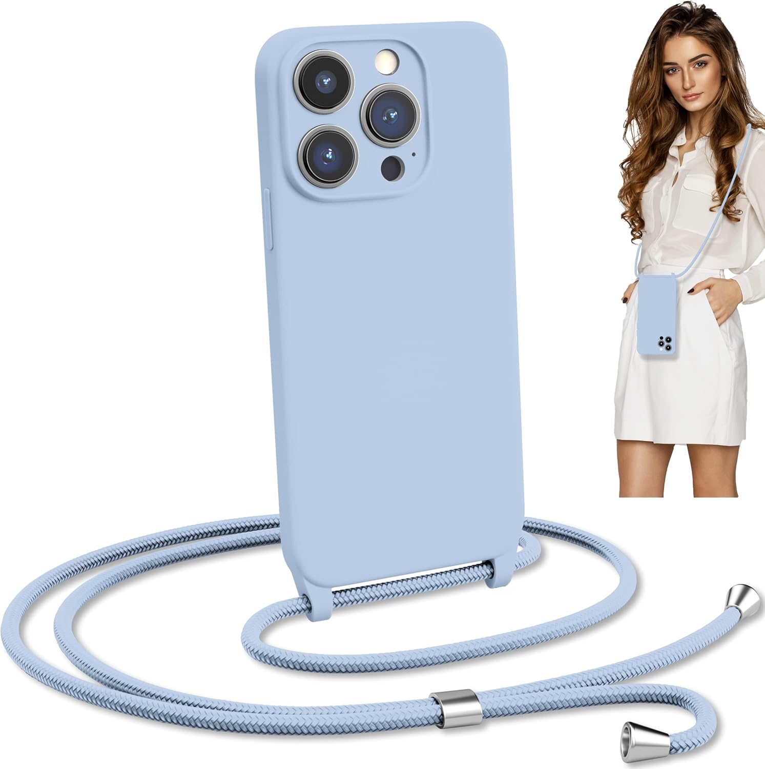 Blaspins Crossbody Lanyard Strap Case for iPhone 13 Pro, Neck Cross Body, Adjustable Holder Removable, Drop Protection Shockproof, Hands-Free Silicone Case 6.1 inch, 150 cm Strap, iP13Pro - Blue