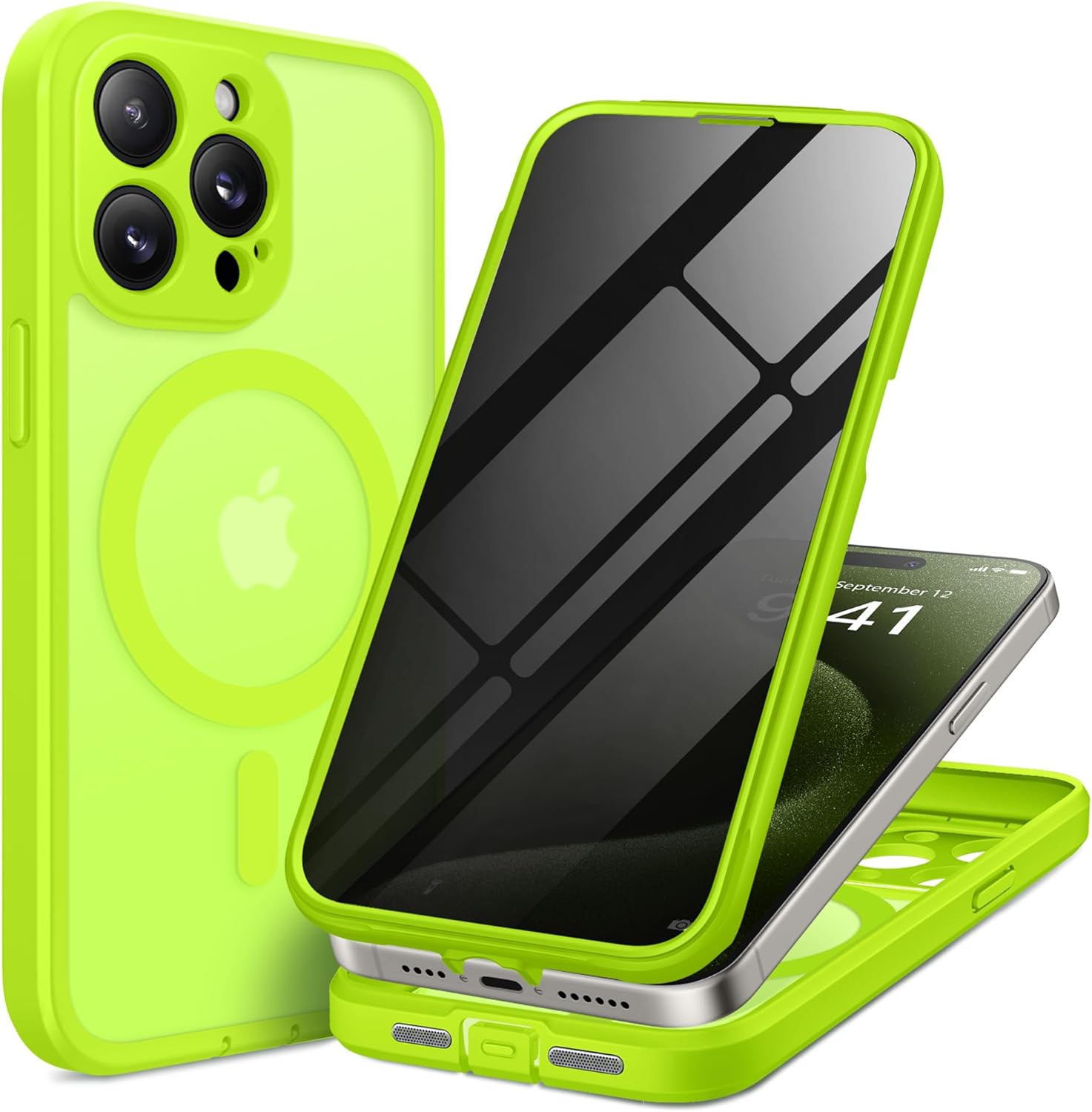 Magnetic for iPhone 15 Pro Max Case, Compatible with MagSafe, Built-in Privacy Screen Protector and Camera Protection, Anti Spy Full Body Dustproof Shockproof Hard Phone Case 6.7", Matte Green