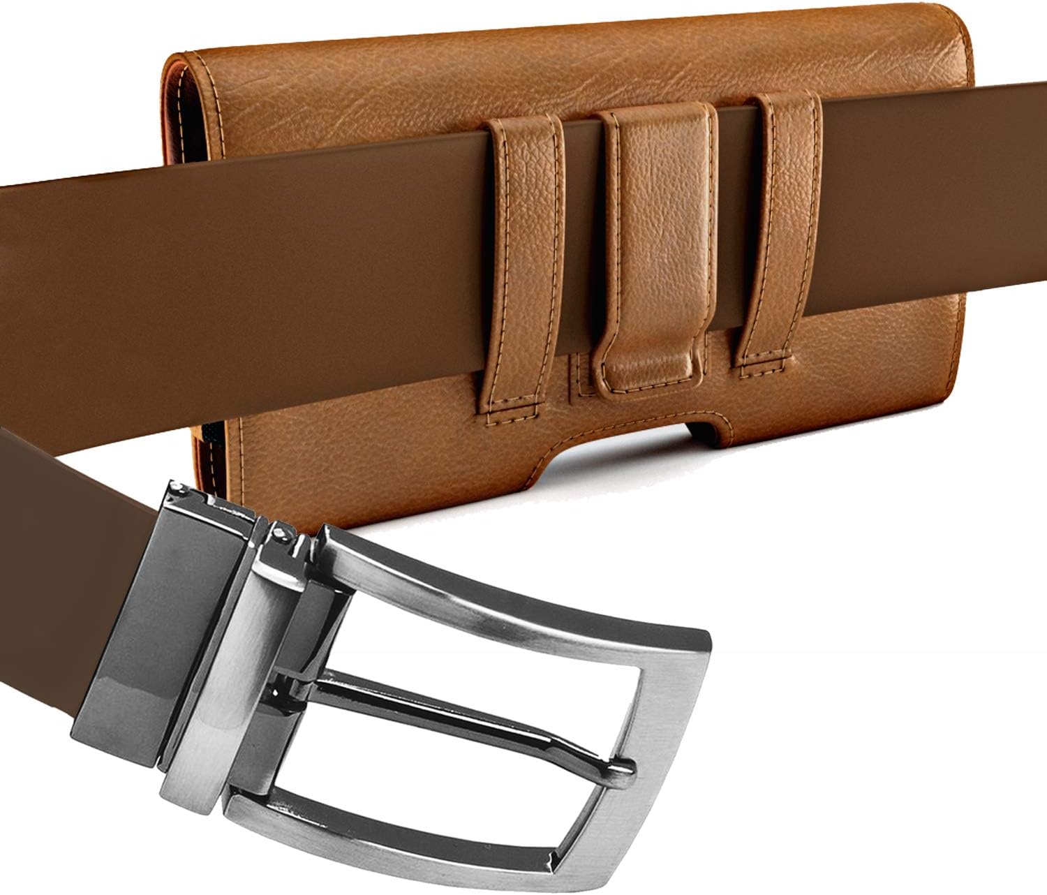 PiTau Holster for Large iPhone Plus, Pro Max Models 16 15 14 13 12 11 Xs Max – Cell Phone Belt Holder Clip Case, ID Card Carrying Pouch (Fits Otterbox Commuter Case) Brown