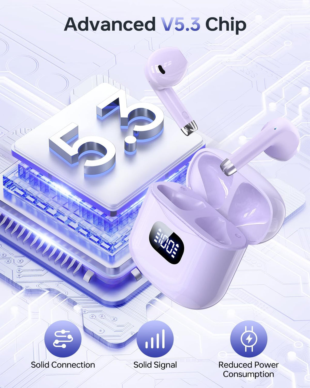 Wireless Earbuds Bluetooth 5.3 Ear Buds, Bluetooth Headphones with LED Display Charging Case, IPX7 Waterproof in-Ear Earphones with Mic for Phone Tablet Sports