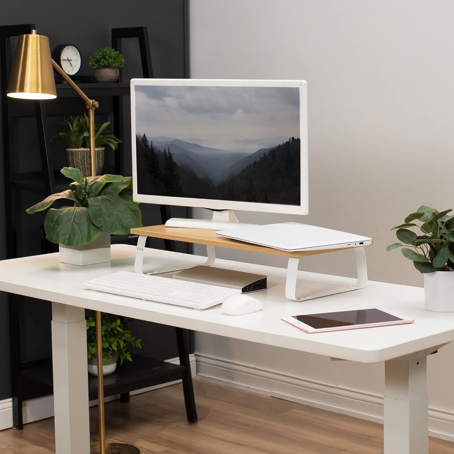 VIVO 24 inch Monitor Stand, Wood and Steel Desktop Riser, Screen, Keyboard, Laptop, Small TV, Ergonomic Desk and Tabletop Organizer, Light Wood, STAND-V000WM