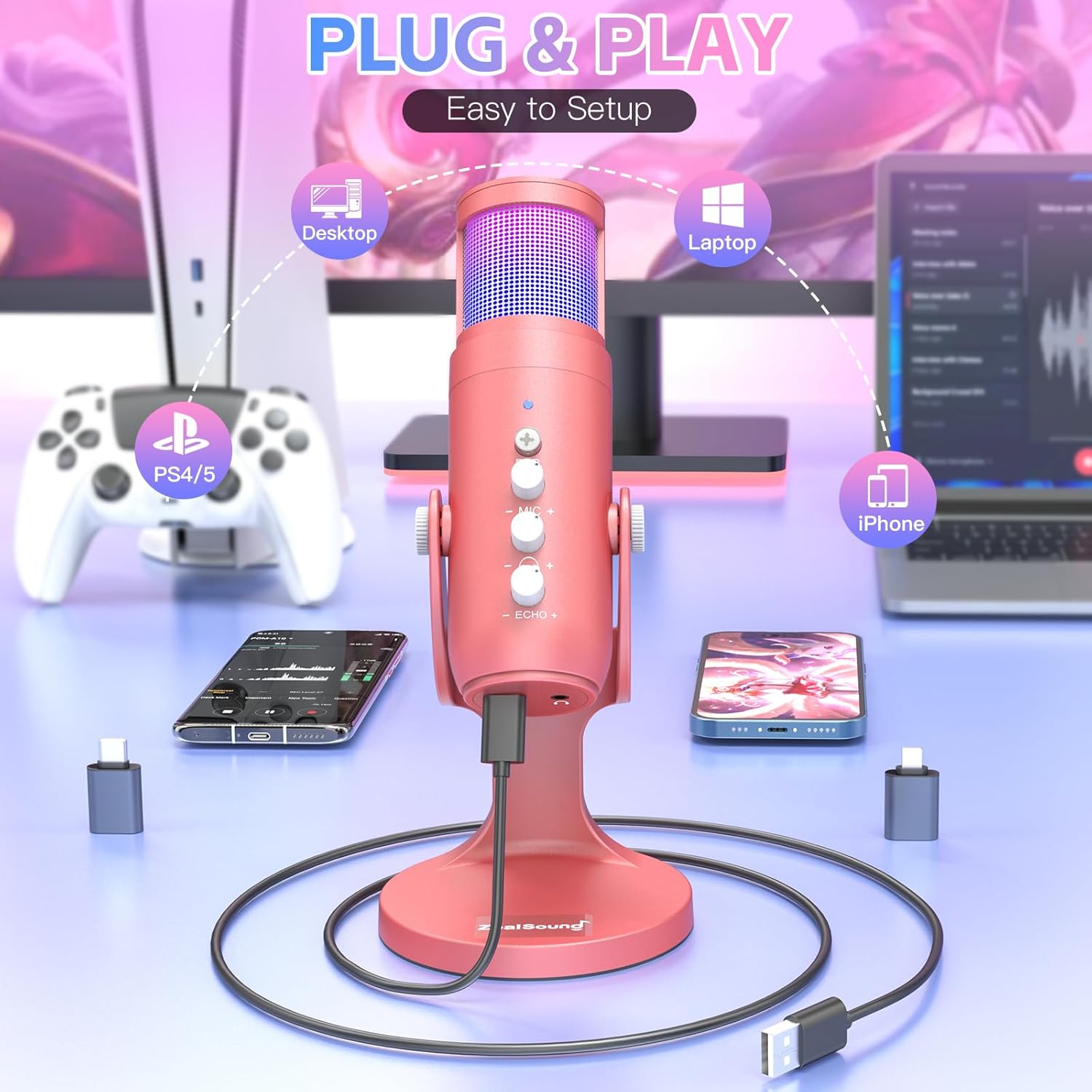 ZealSound USB Gaming Microphone for iPhone PC Type C Phone,Noise Cancellation,K66 RGB Condenser Mic with Controllable Led Lights,Echo,Touch Mute,Monitor,Gain for Podcast,Gaming,Podcasting,ASMR (Pink)