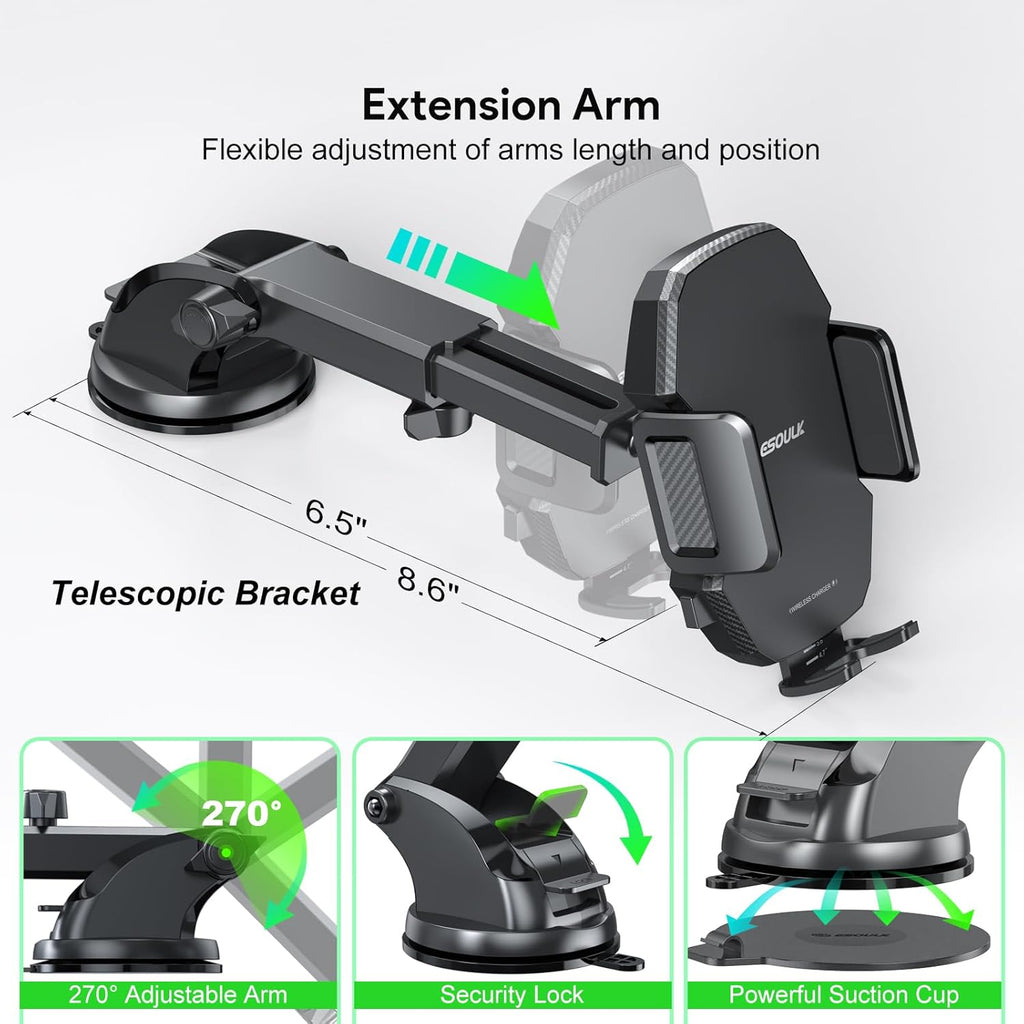 Car Phone Holder &15W Wireless Fast Charger, Auto-Clamp Qi Charging Mount, 360° Adjustable Phone Holder for iPhone/Android, Air Vent Mount with Overcharge Protection - by Esoulk