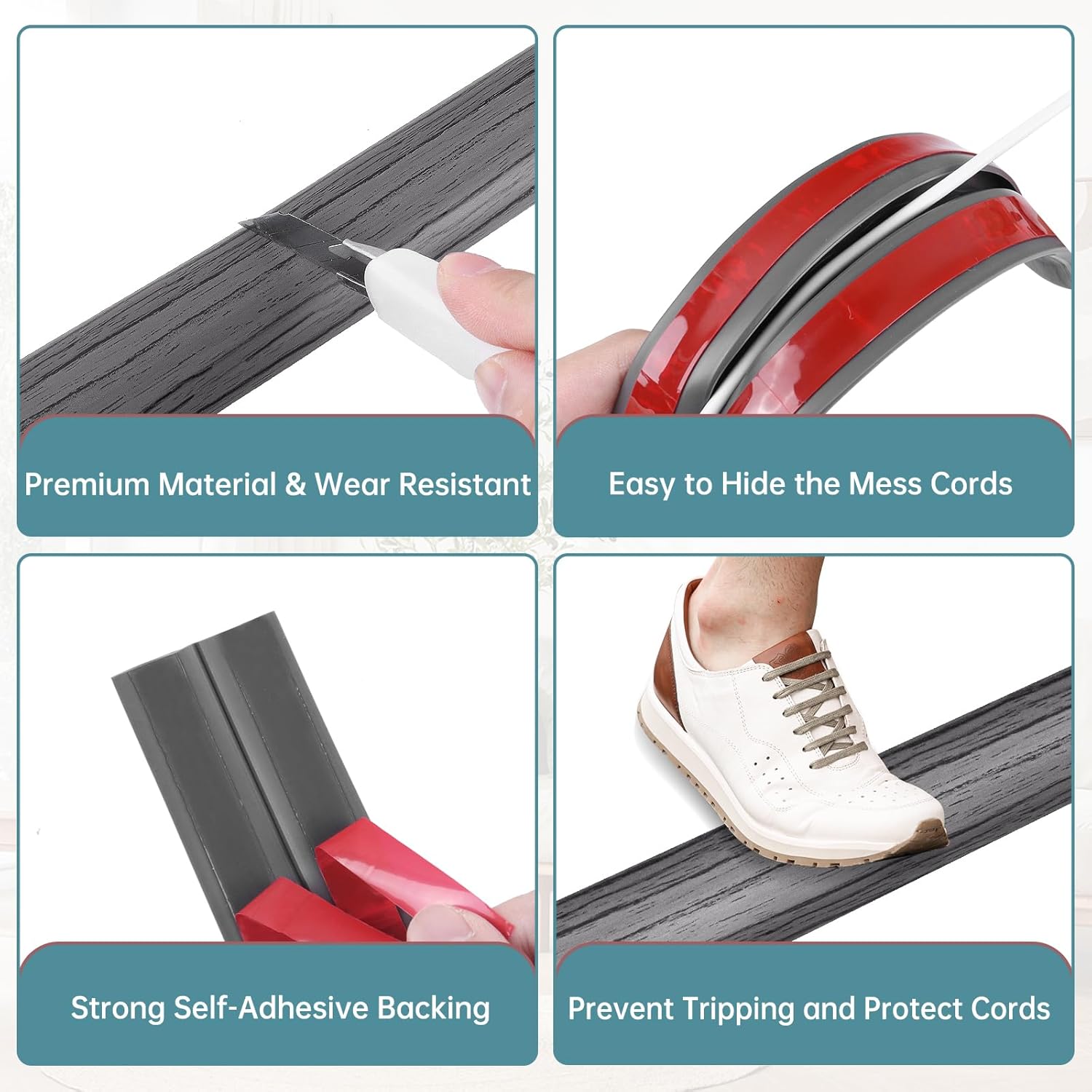 Floor Cord Cover Self Adhesive Cord Hider Floor Extension Cord Covers for Floor Power Cord Protector Cable Management Prevent Cable Trips Cable Cavity 0.47" W x 0.27" H (Deep Grey Wood, 20Ft)