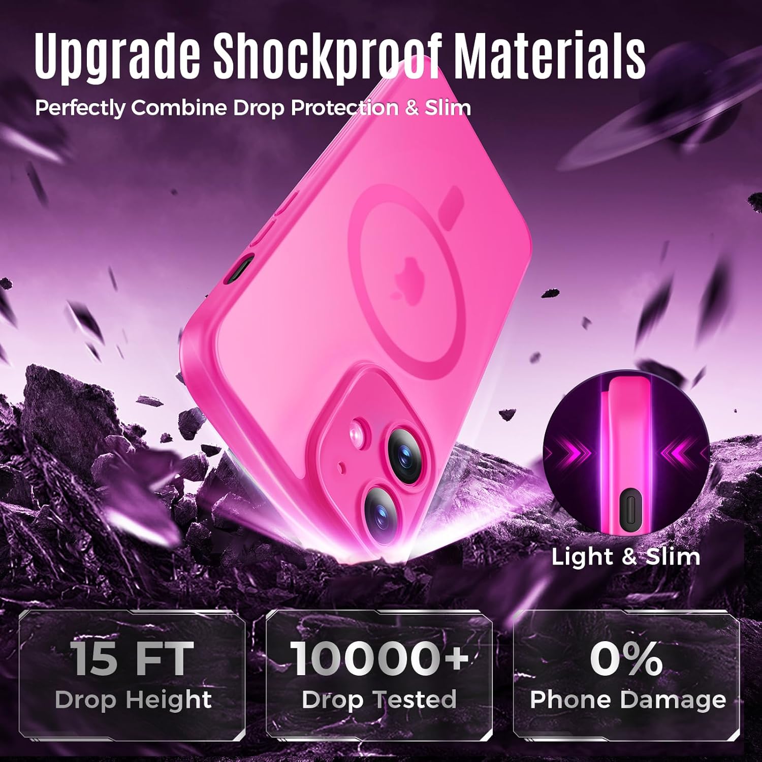 Designed for iPhone 12 Case, Compatible with MagSafe, with Privacy Screen Protectors X2, [Camera Protection] [15FT Military Drop Protection] Shockproof Phone Case, 6.1", Hot Pink