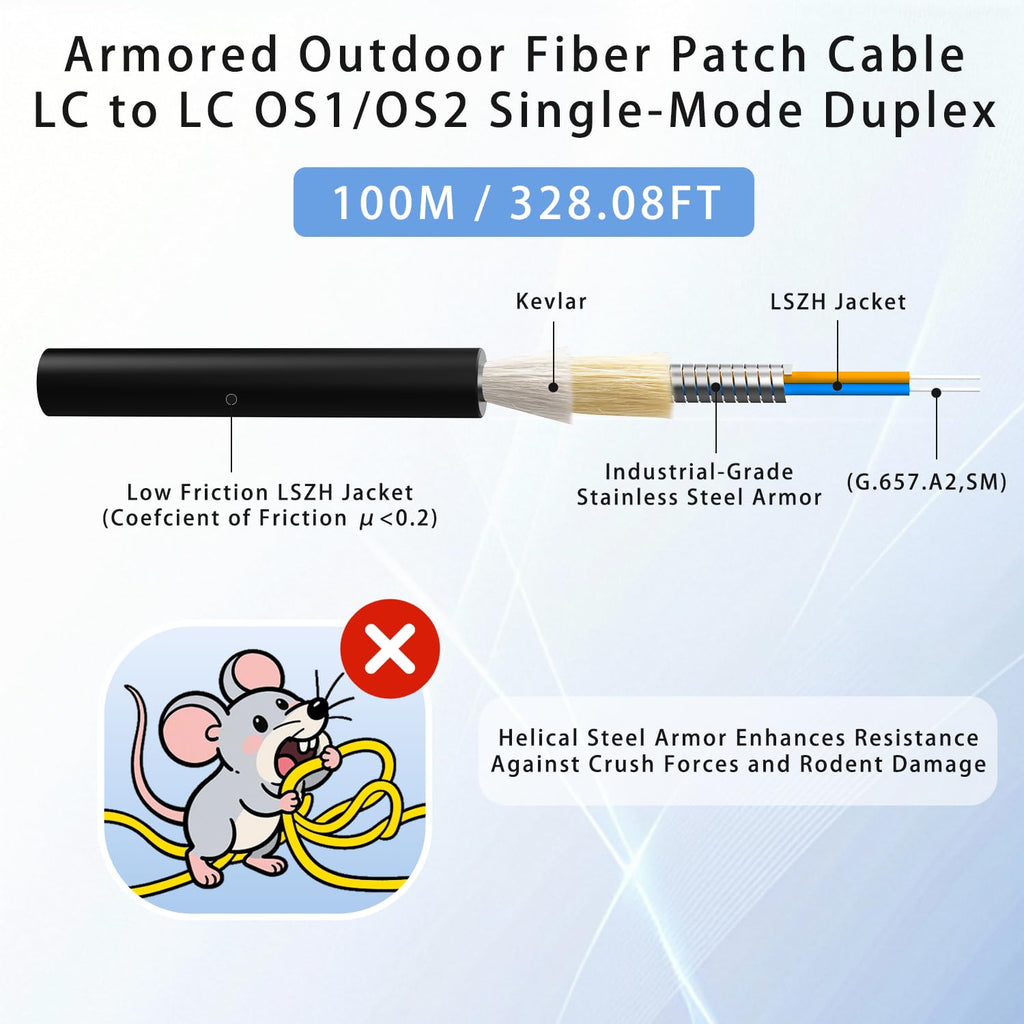 100M/328FT LC to LC Armored Outdoor Fiber Optic Cable, Single Mode Duplex 9/125μm SMF Fiber Patch Cord, OS1/OS2 Compatible, Black LSZH Jacket, Uniboot Jumper for FTTH, Data Center, Long-Distance Use