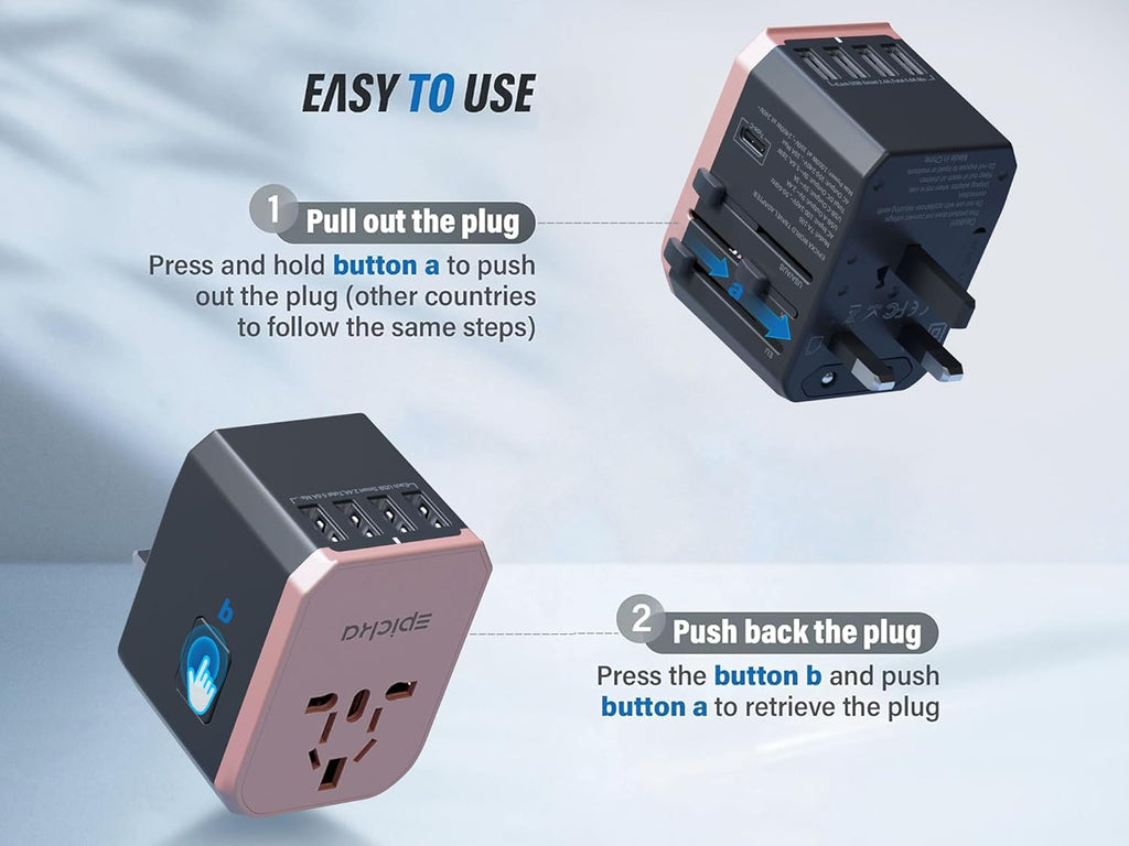 EPICKA Universal Travel Adapter, European Travel Plug Adapter - International Power Adapter Worldwide Charger with USB-C & 4 USB-A Ports, Travel Essentials for Italy, UK, Japan (TA-105, Rose Gold)
