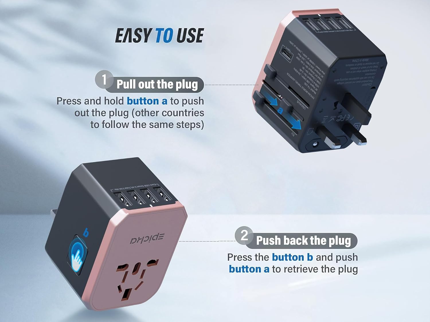 EPICKA Universal Travel Adapter, European Travel Plug Adapter - International Power Adapter Worldwide Charger with USB-C & 4 USB-A Ports, Travel Essentials for Italy, UK, Japan (TA-105, Rose Gold)