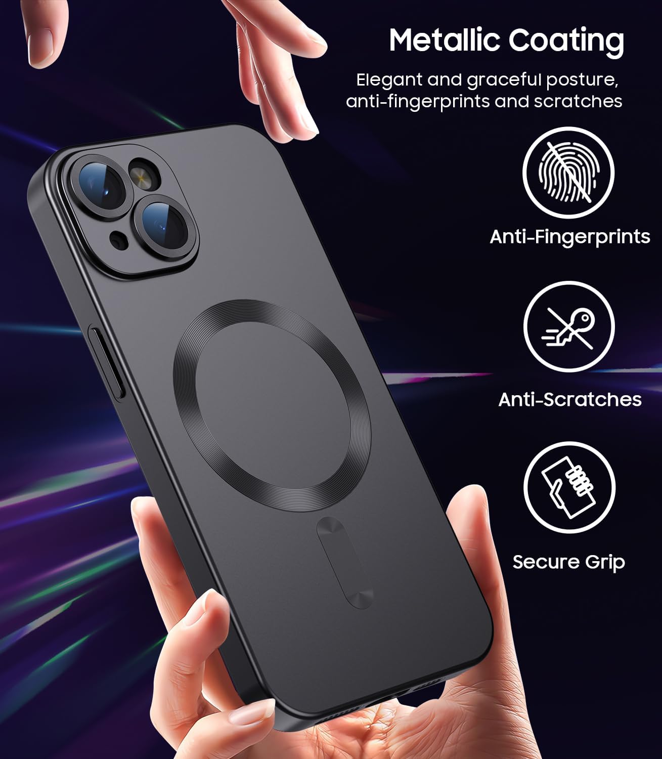 Magnetic for iPhone 14 Case [Compatible with MagSafe][Built-in Camera Lens Protector] Slim Soft Silicone Bumper Shockproof Metallic Luster Phone Case (Black)