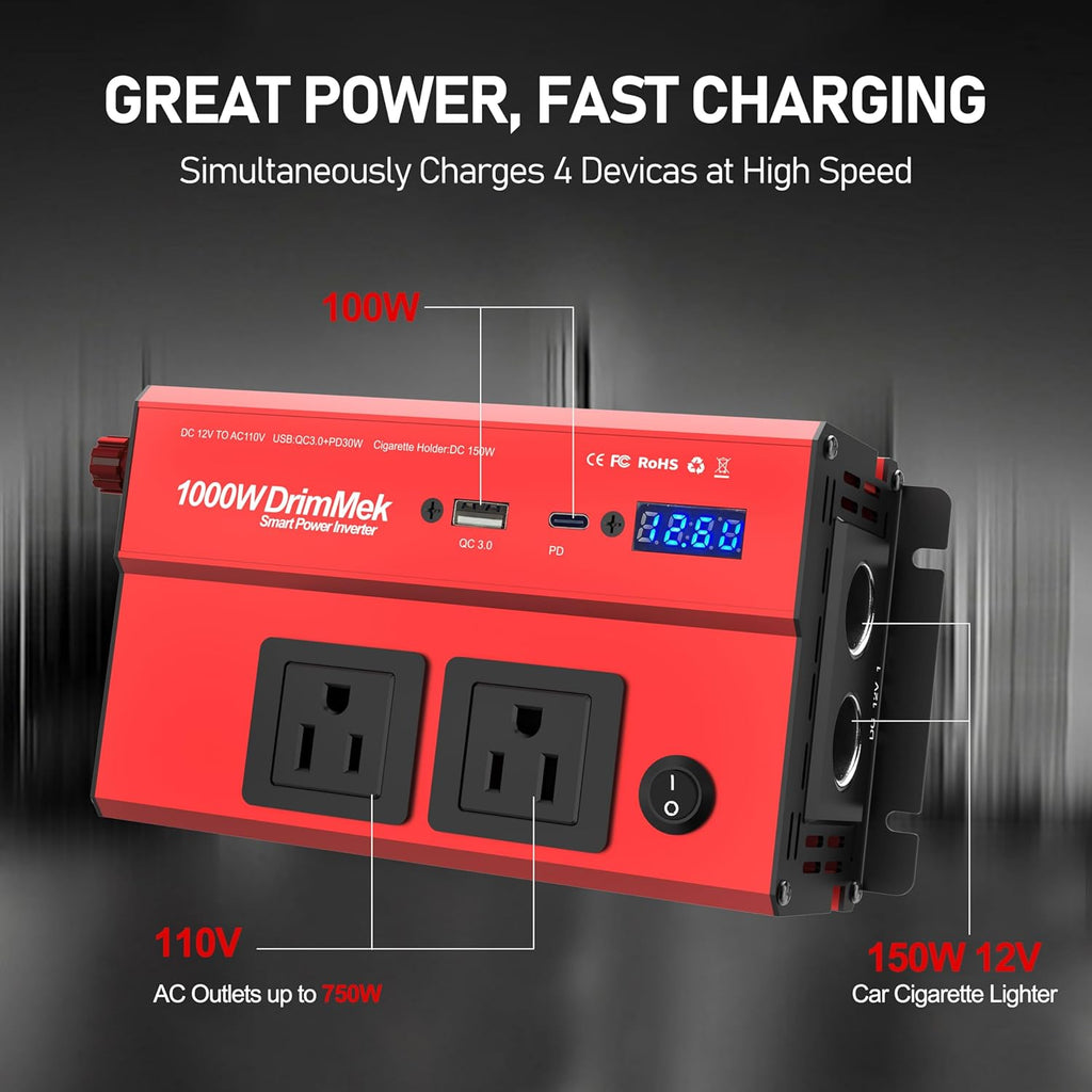 1000 Watt Power Inverters 12v to 110v for Vehicles - with Dual AC Outlets, 1000w Inverter with 3.0A USB and Type-C, 12v Inverter car Cigarette Lighter Battery for/Truck/RV/Emergency