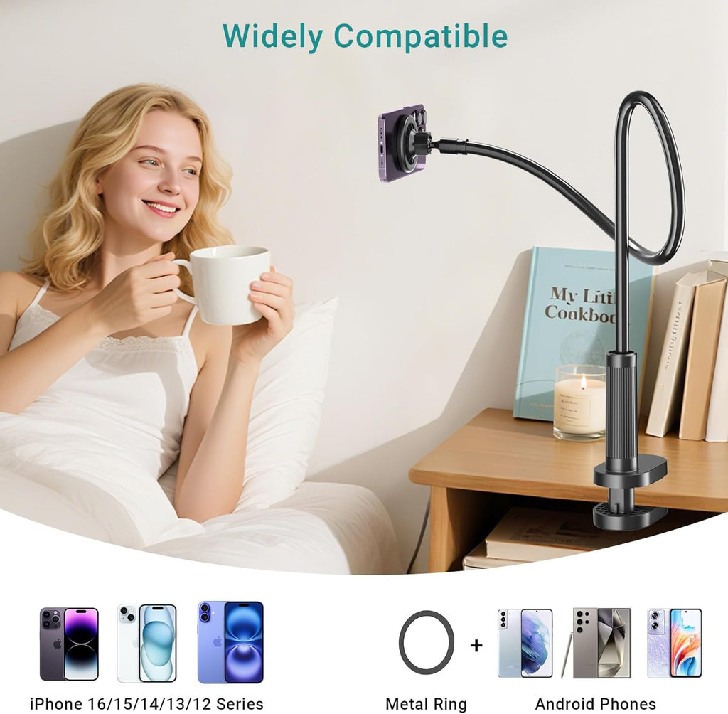 Gooseneck Phone Holder for Bed, Magnetic Cell Phone Stand for iPhone 16 15 14 13 12 Pro Max Plus Mini, Flexible Long Arm Mount 360 Adjustable for Desk Bedside Filming