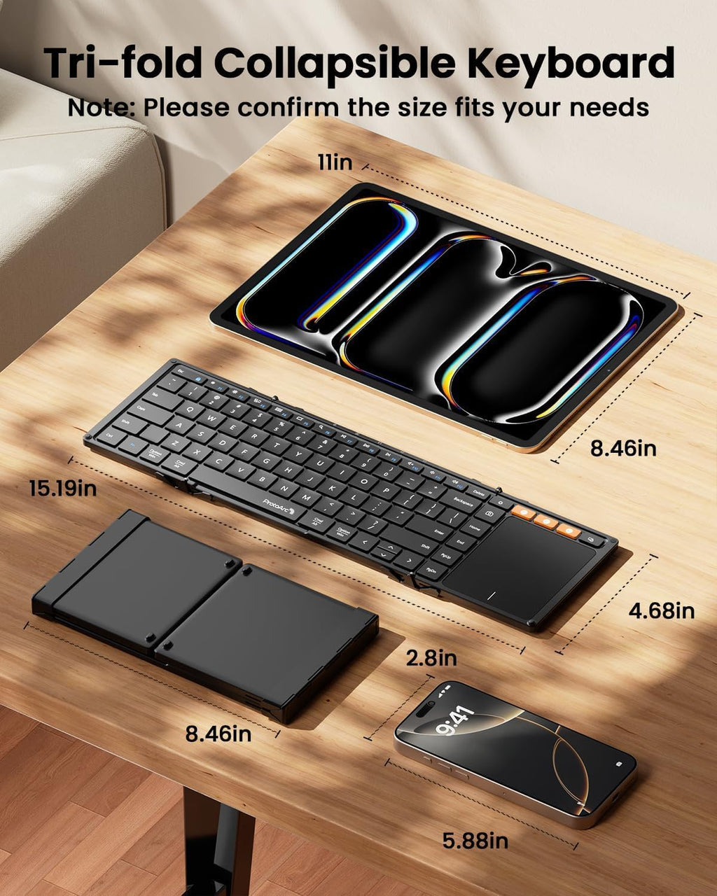 ProtoArc Foldable Keyboard with Touchpad, XK01 TP Folding Portable Keyboard, Full Size Keys, Large Trackpad Bluetooth Travel Keyboards for Laptop PC Tablet - Black