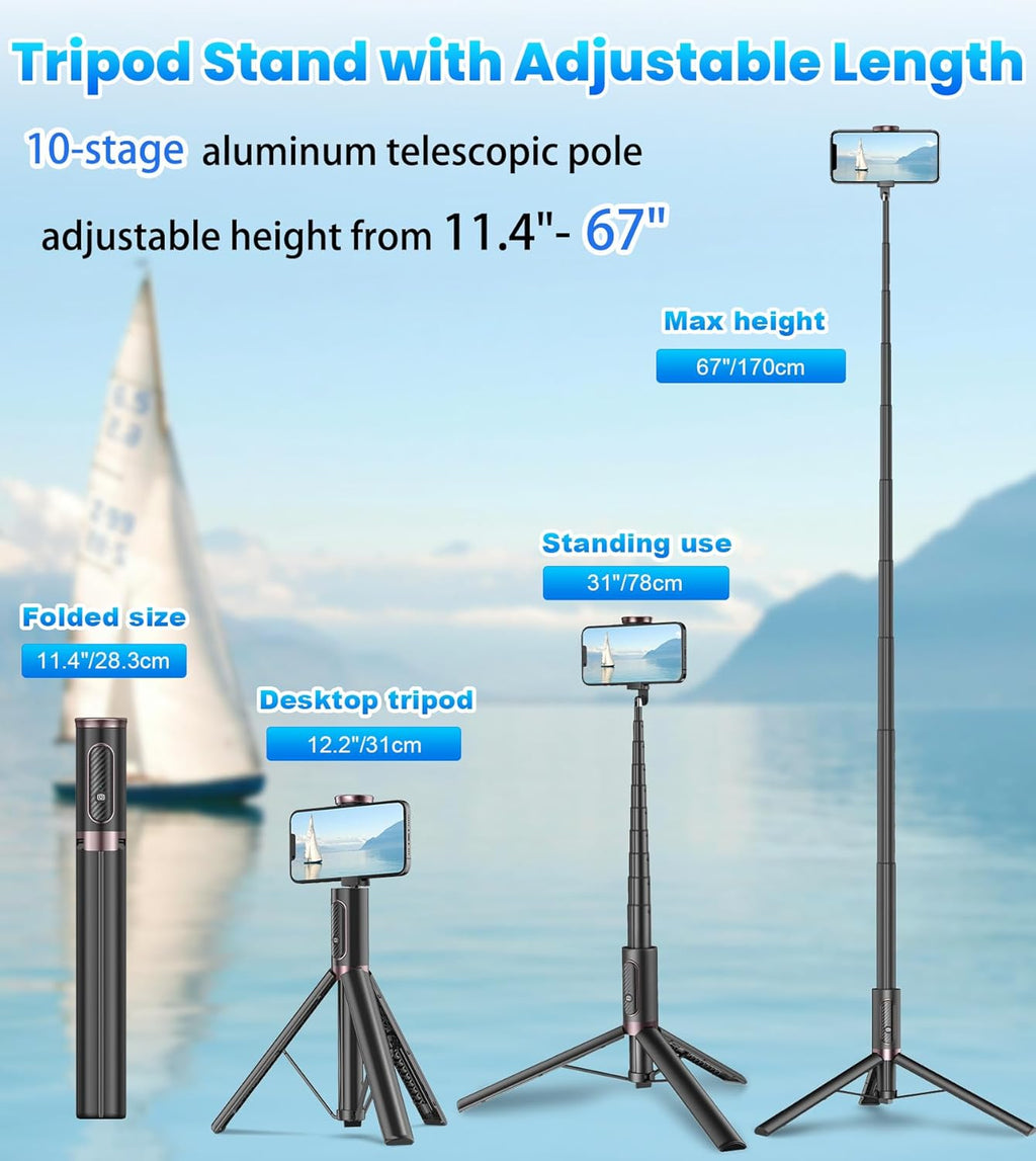 TONEOF 67" Cell Phone Selfie Stick Tripod,Smartphone Stand All-in-1 with Integrated Wireless Remote,Portable,Lightweight,Extendable for iPhone/Android(Black)