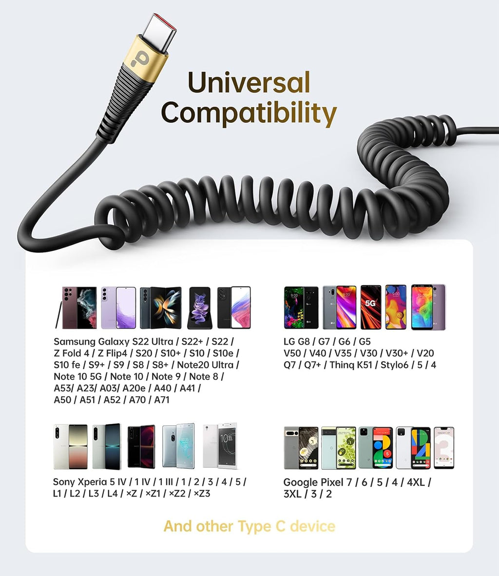 USB C Cable Fast Charging, 2Pack 3ft Coiled USB A to Type C Charge Cord for Car USB-C Charging Cable Compatible with iPhone 16/15/Pro/Samsung Galaxy S20 S10 Plus Note 10 and Other USB C Devices - Gold