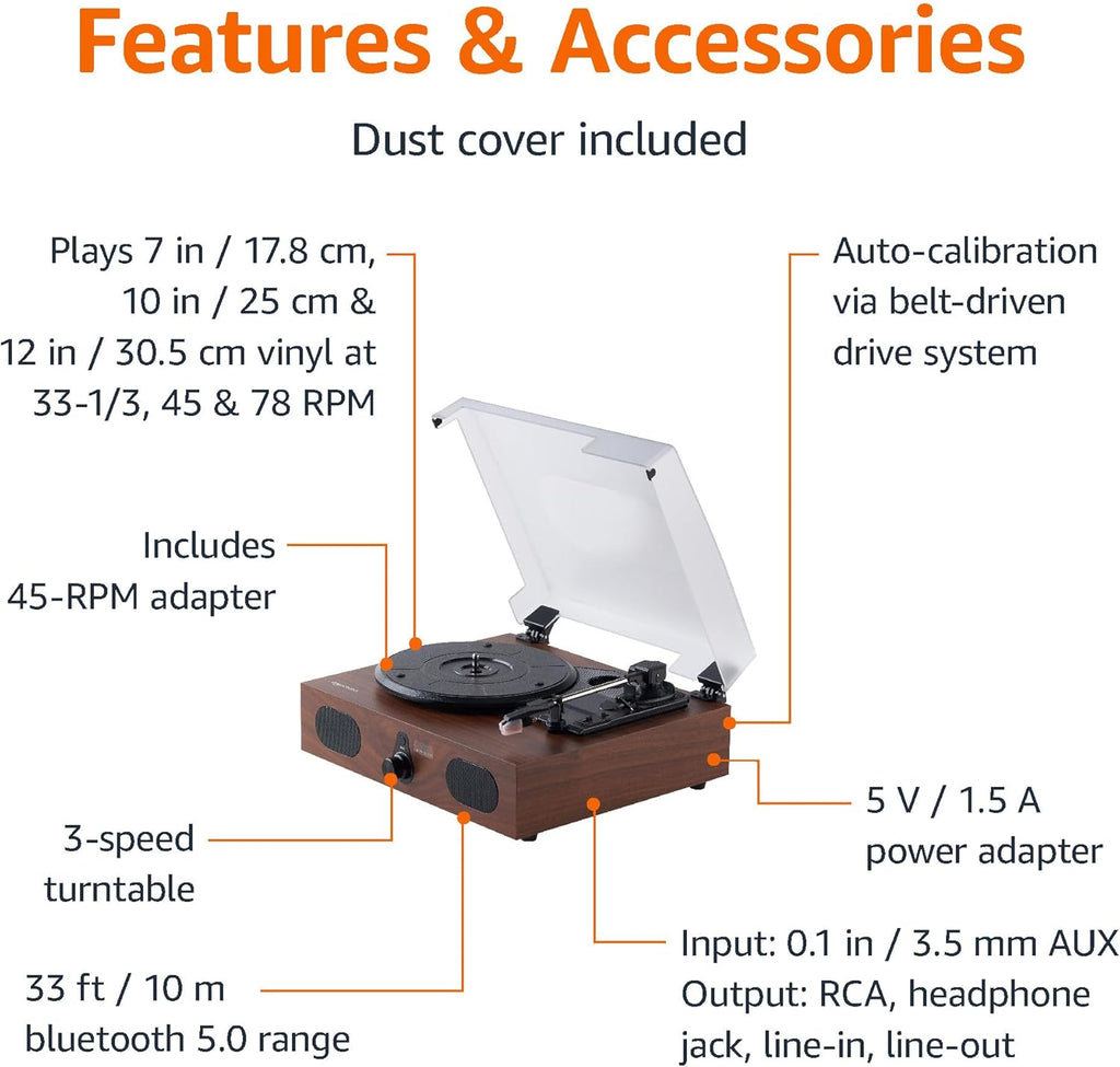 Amazon Basics Desktop Turntable Vinyl Record Player with Bluetooth and Built-in Speakers, 3-Speed, Black