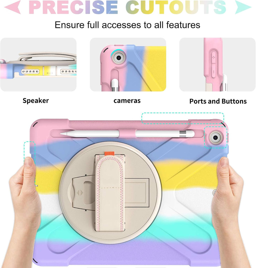 BLOSOMEET Case for iPad 9th/8th Generation 2021/2020 10.2 Inch for Kids Girls Cute w/Tempered Glass Screen Protector & Pencil Holder, iPad 7th Gen 10.2 Cover 2019 Pink w/Stand Hand Shoulder Strap