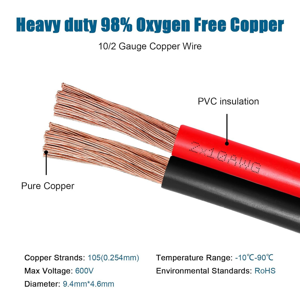 10 Gauge Wire 2 Conductors Copper Wire, 10 AWG Battery Cable Oxygen Free Copper Wire for Solar Panel, Automotive, Trailer, RV and Speaker (10 Gauge 50FT)