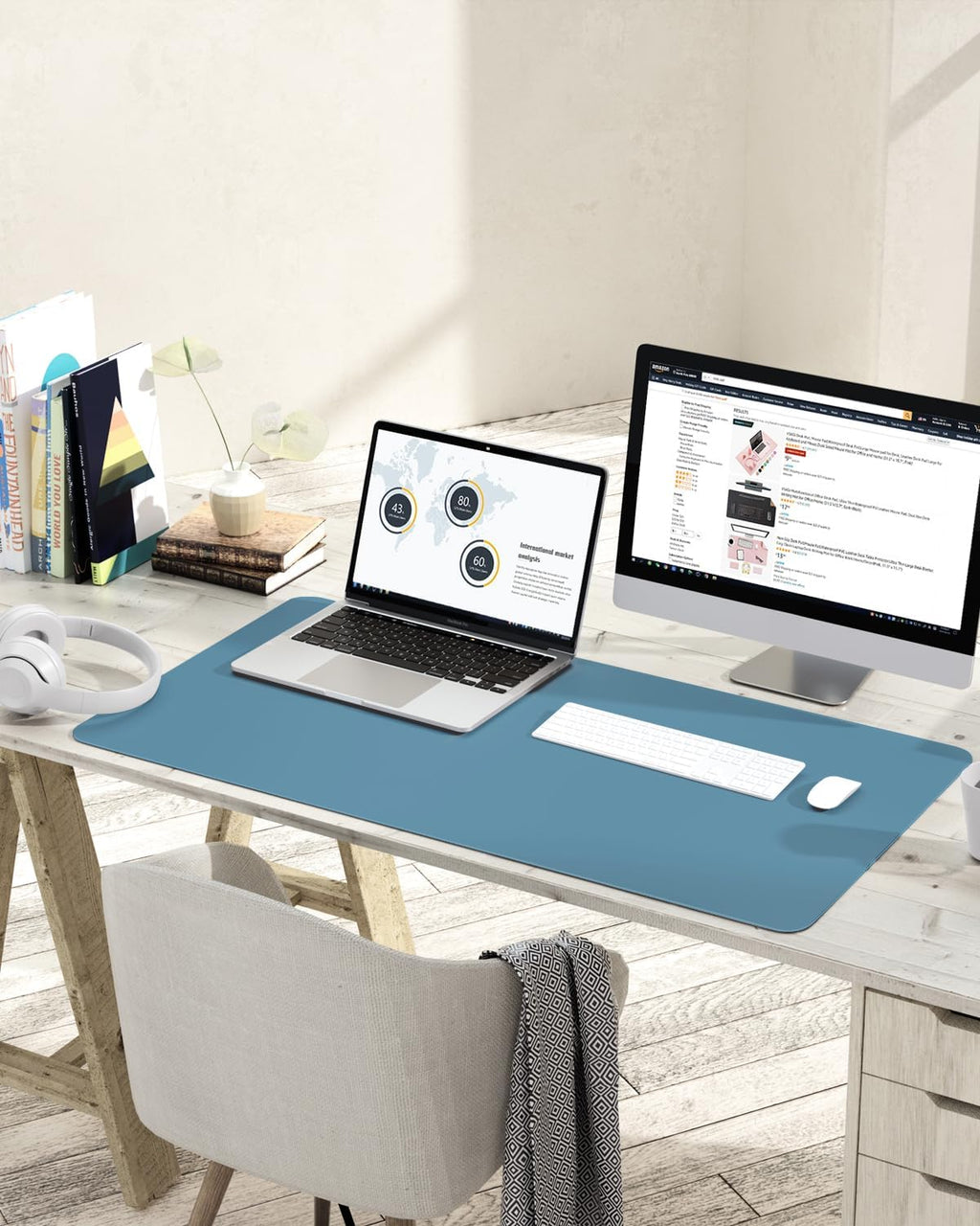 YSAGi Non-Slip Leather Desk Pad L Size, Waterproof Laptop Computer Desk Keyboard Mat, Table Protector Blotter Mat, Large Mouse Pad for Office/Work/Home/Decor(Blue, 35.4" x 17")