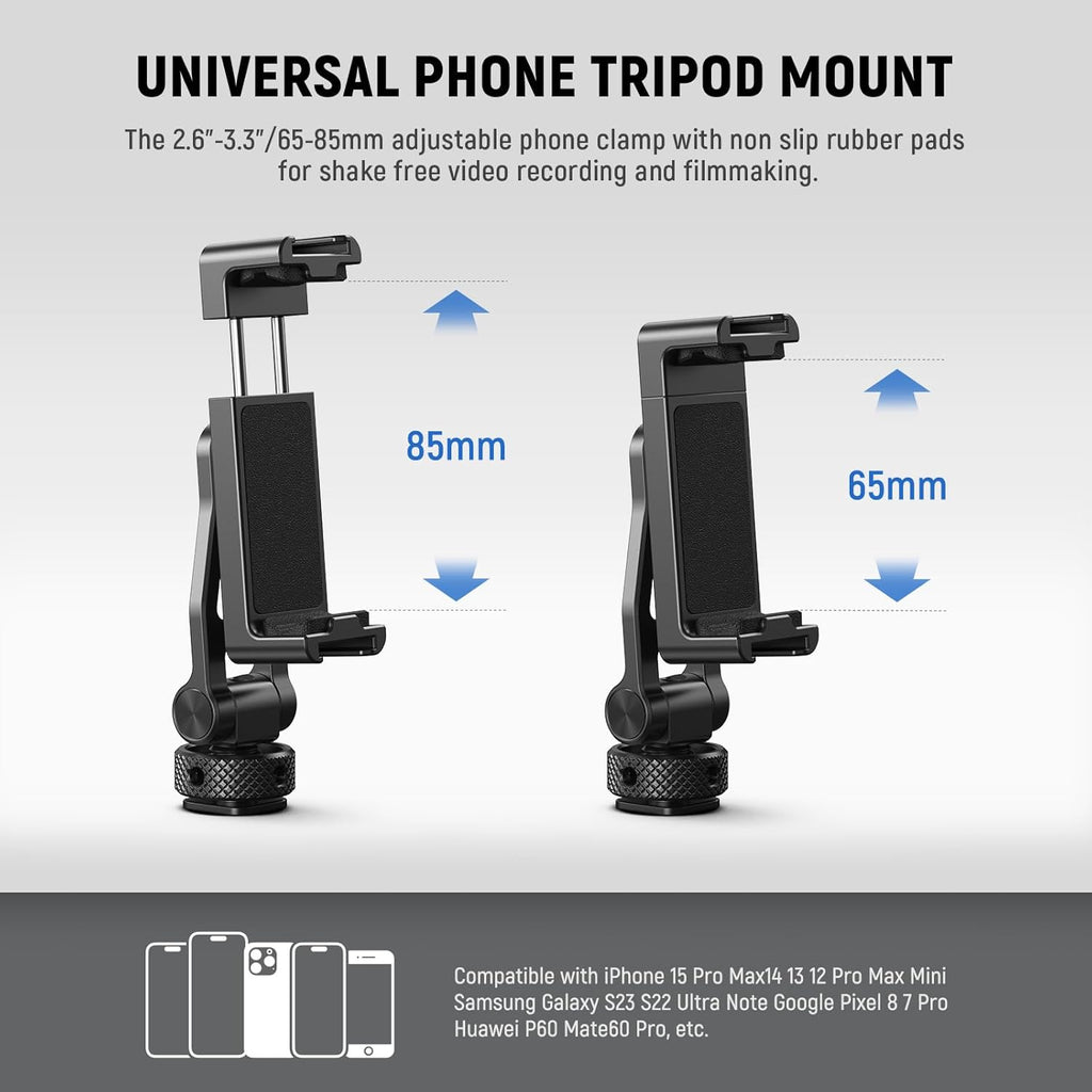 Neewer Metal Phone Tripod Mount with Cold Shoes, 1/4" Thread, 180° Tilt, 360° Rotation, Adjustable Phone Clamp Metal Phone Holder Compatible with iPhone 16 15 Pro Max S24 Ultra Camera Cage, GA010
