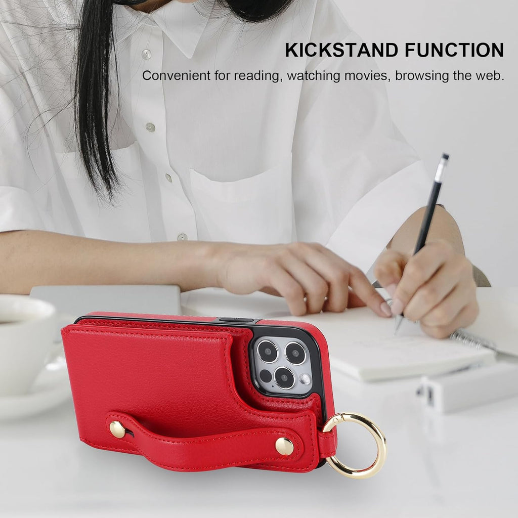 Folosu for iPhone 12/12 Pro Wallet Case with Card Holder, Hand Wrist Strap Loop Holder Kickstand, RFID Blocking Finger Grip Ring PU Leather Double Buttons Shockproof Cover 6.1 Inch Red