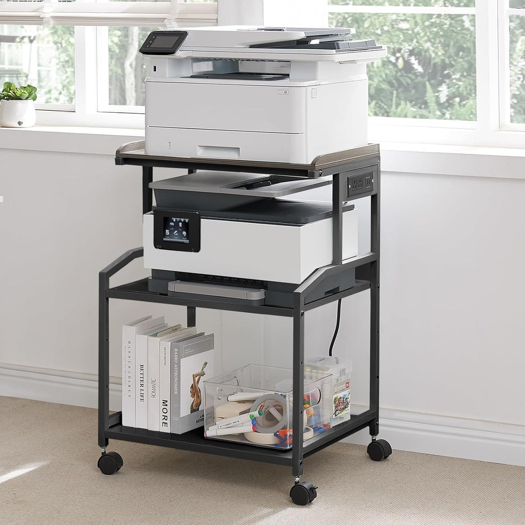 Lauren&Harold 34'' Printer Stand with Power Outlets & USB Ports, 3-Tier Adjustable Rolling Cart, Heavy Duty 150LBS Storage Table with Wheels for Office, Kitchen, Living Room, Black