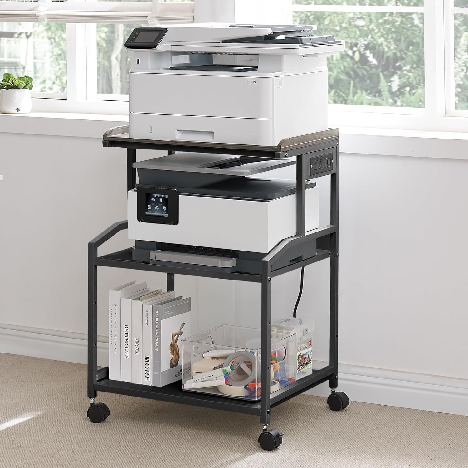 Lauren&Harold 34'' Printer Stand with Power Outlets & USB Ports, 3-Tier Adjustable Rolling Cart, Heavy Duty 150LBS Storage Table with Wheels for Office, Kitchen, Living Room, Black