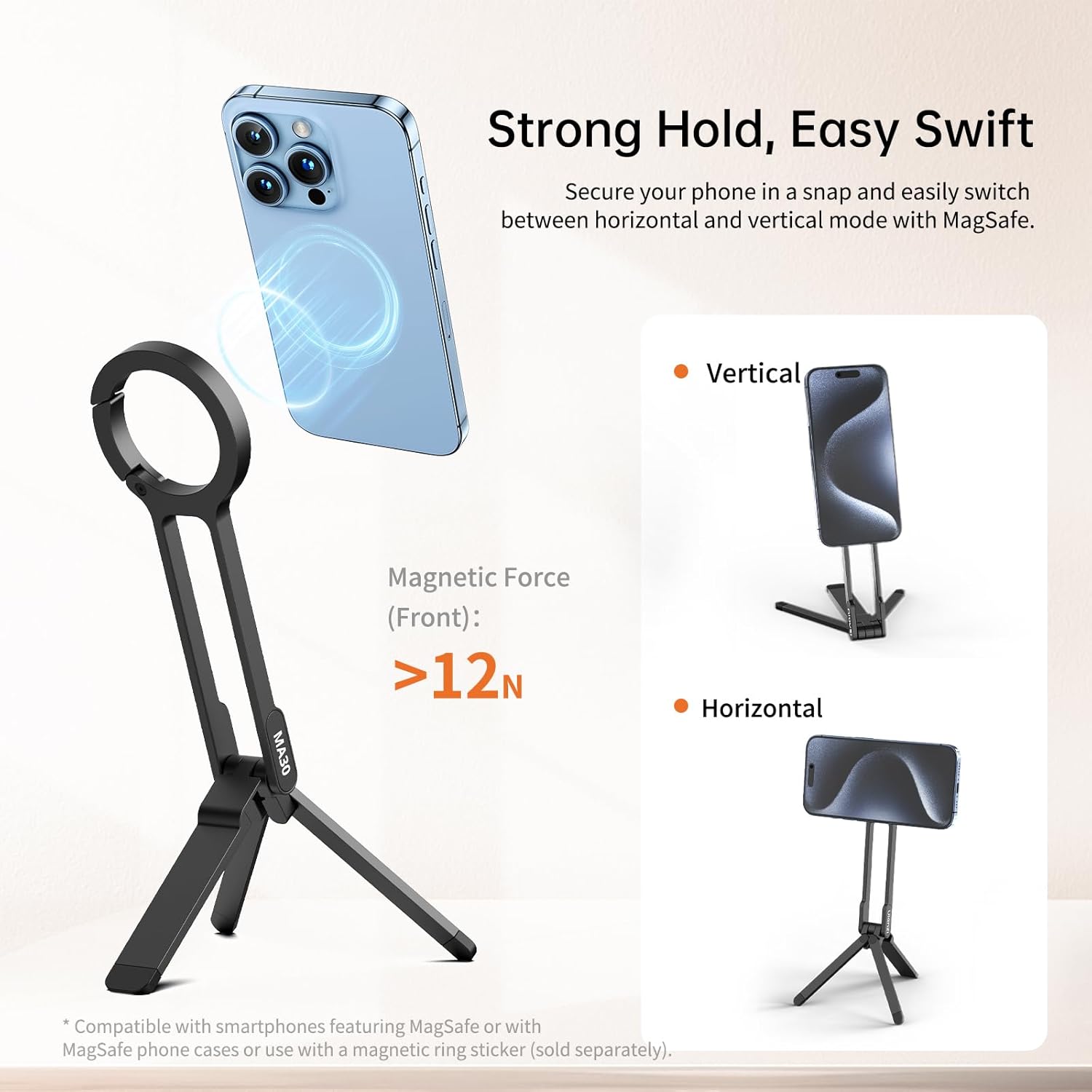 ULANZI MA30 Magnetic Phone Tripod Stand for iPhone - Aluminium Maglock Smartphone Mini Tripod Pocket Cell Phone Stand Strong Magnet Quick Mount Compatible with iPhone 16 15 14 13 12 Series, Black