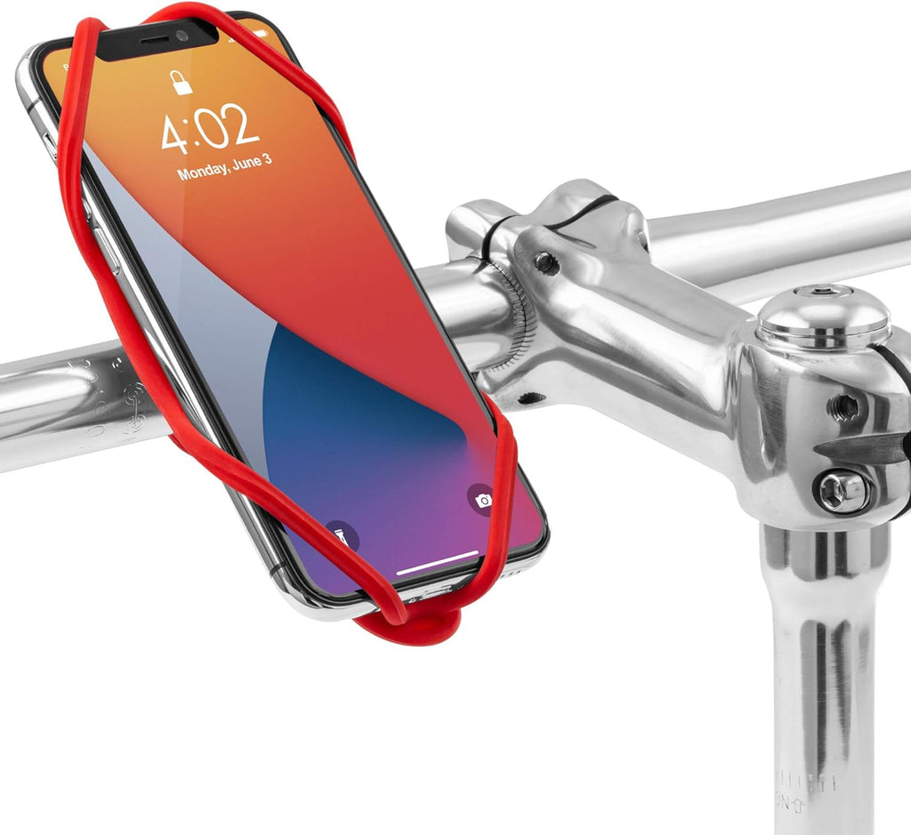 BONE Bike Tie 4, Bike Cell Phone Mount for Handlebar, Scratch-Free Silicone Holder with Anti-Slip Design, Universal Cycling Phone Holder Compatible with Most Smartphones (Red - Handlebar)