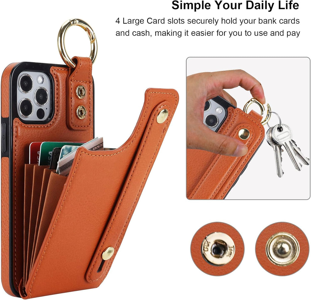 Folosu for iPhone 12/12 Pro Wallet Case with Card Holder, Hand Wrist Strap Loop Holder Kickstand, RFID Blocking Finger Grip Ring PU Leather Double Buttons Shockproof Cover 6.1" Brown