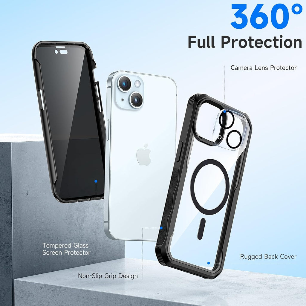 seacosmo for iPhone 15 Case, Full Body Bumper with Built-in 9H Tempered Glass Privacy Screen Protector and Camera Lens Protector, Compatible with MagSafe, Shockproof Phone Cover, 6.1", Black