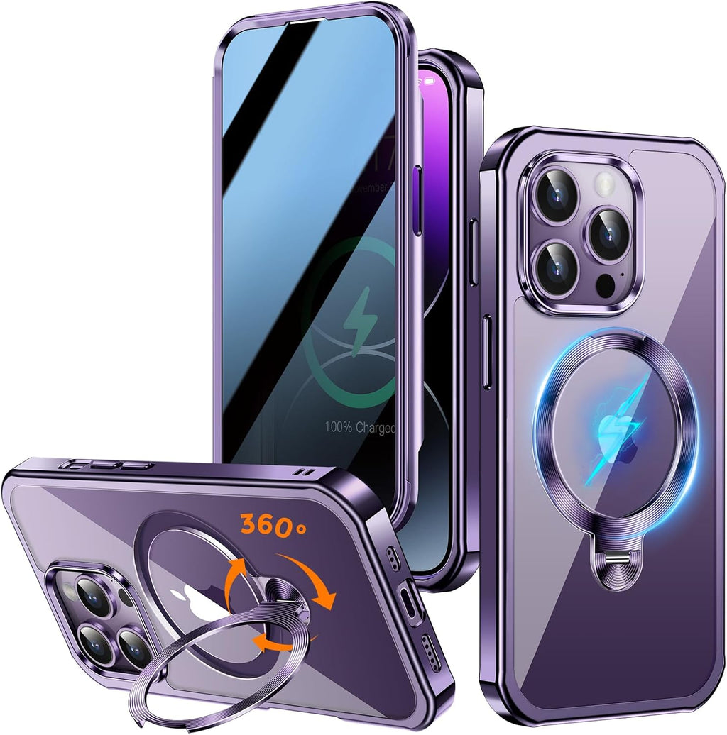 [360° Rotatable CD Stand & Built-in Privacy Screen Magnetic Case for iPhone 14 Pro [Compatible with MagSafe & Full Signal] Mil-Grade Shockproof Full Body Anti-Spy Cover for 14 Pro-Purple