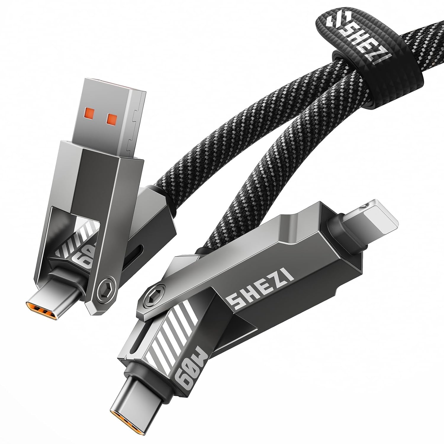 SHEZI Nylon Braided 4 in 1 USB C Cable 60W 5FT Compatible with Lightning Cable, Fast Charging for iPhone/iPad Charger Cord [480Mbps Data Sync],Multi Charging Cable with Type C/USB A, Grey