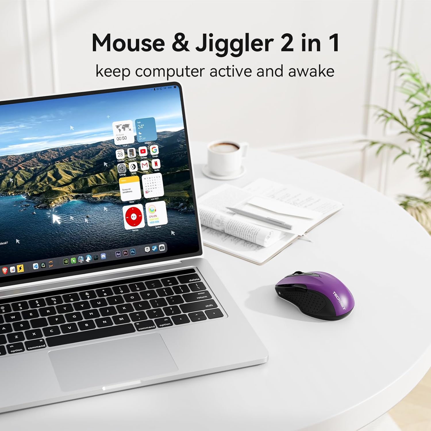 TECKNET Rechargeable Jiggler Wireless Mouse (BT5.0/3.0 & 2.4G) 4800 DPI Silent USB A & Bluetooth Mouse 6 Buttons, Wide Compatibility - Purple